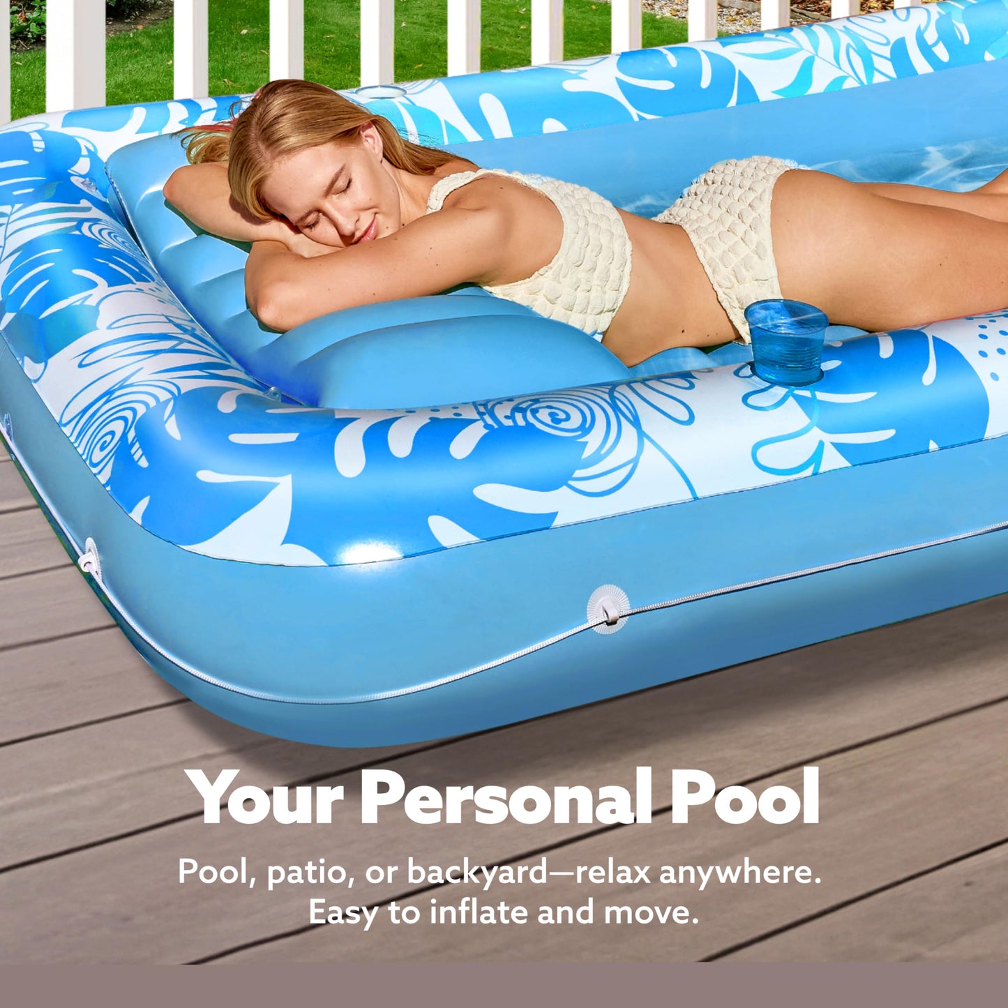 SLOOSH Inflatable Tanning Pool Lounger Float – 70x46, 4-in-1 Sunbathing Bed with Pillow & Drink Holders