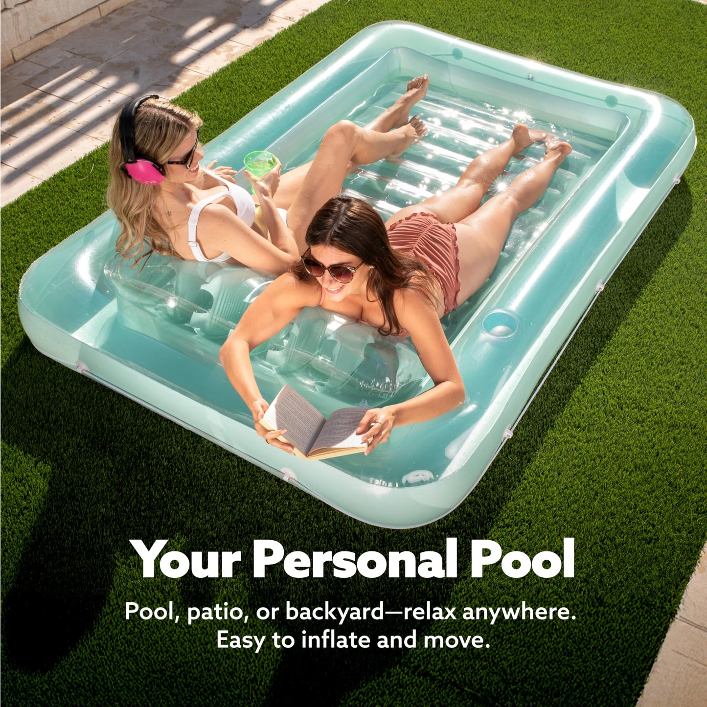 Sloosh Inflatable Tanning Pool Lounger - 85x57 in, Extra Large Cyan Sunbathing Bed