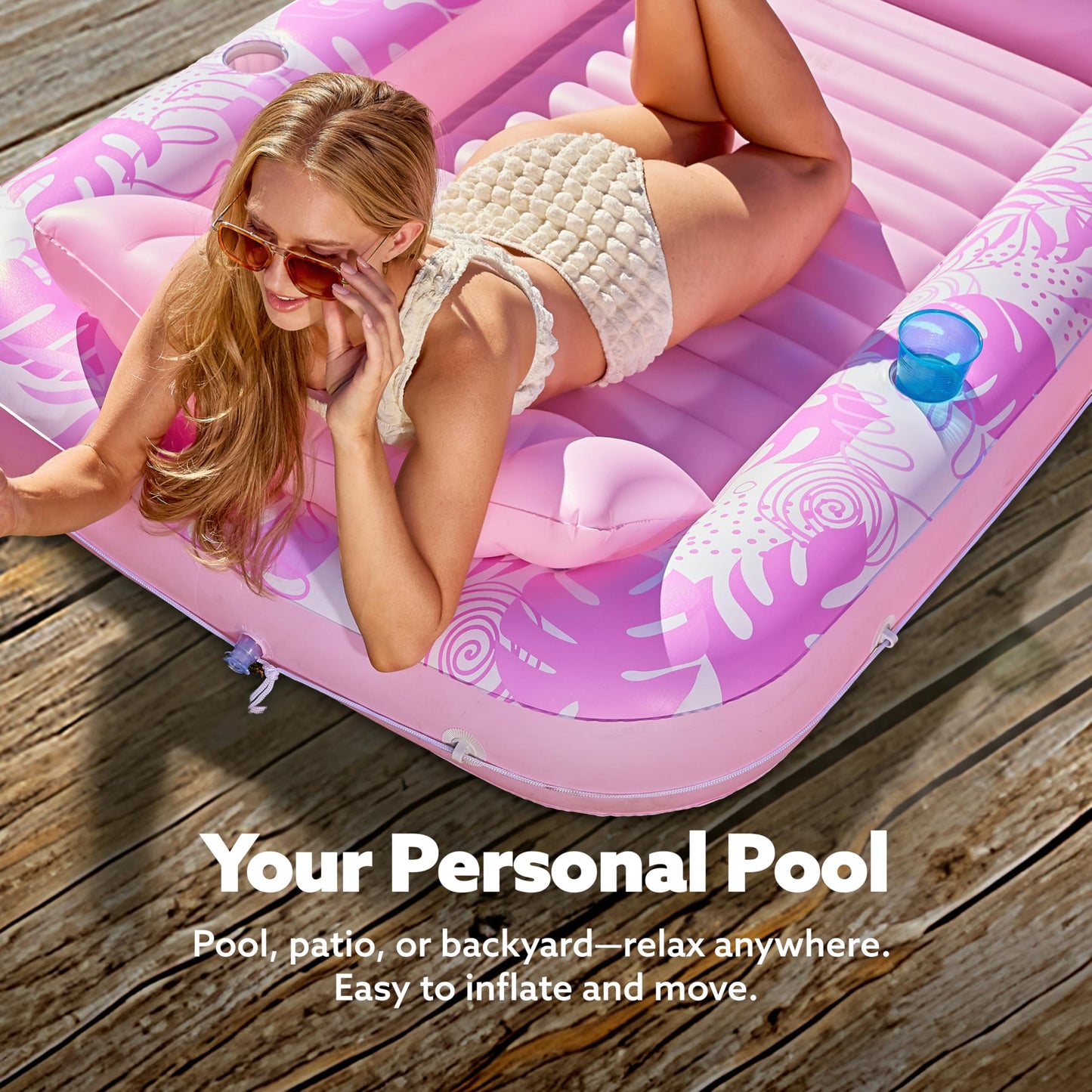 Sloosh Inflatable Tanning Pool Lounger Float – 70x46 in, 4-in-1 Suntan Tub with Pillow