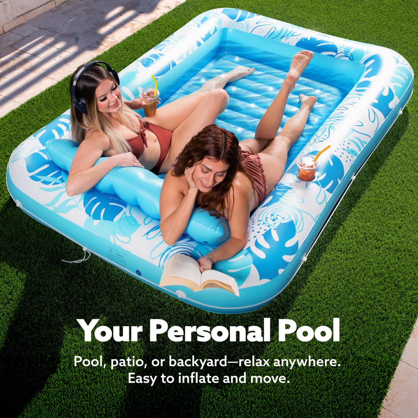 SLOOSH Inflatable Tanning Pool Lounger Float – 85 x 57 in, XL Blue, 4-in-1 Suntan Tub Raft