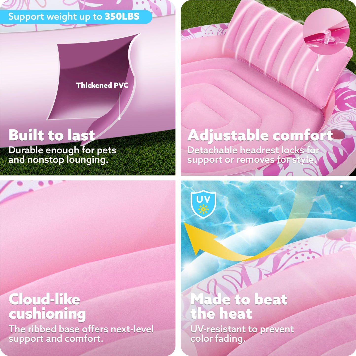 Sloosh Inflatable Tanning Pool Lounger – 72in Pink Round, 4-in-1