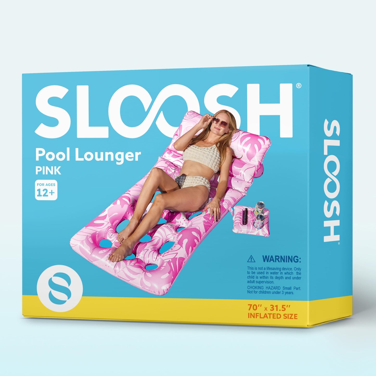 SLOOSH Adjustable Backrest Pool Float – Tropical Leaves Lounger with Cup Holders (Pink)