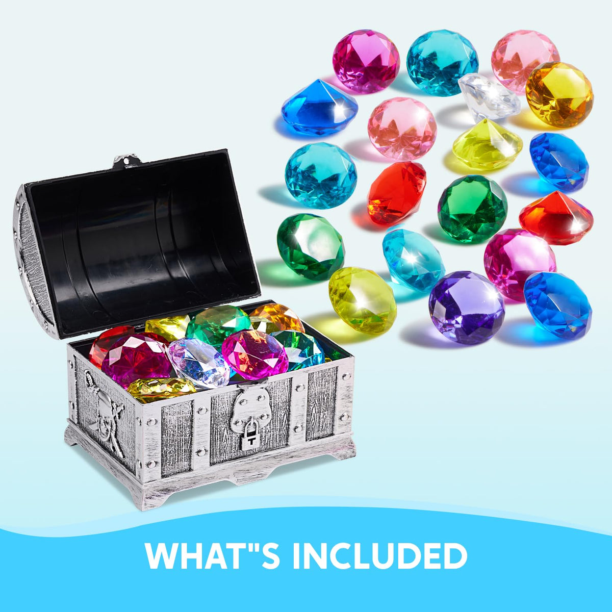 Sloosh Diving Gems Pool Toys – 16 Colorful Diamonds & Pirate Treasure Chest