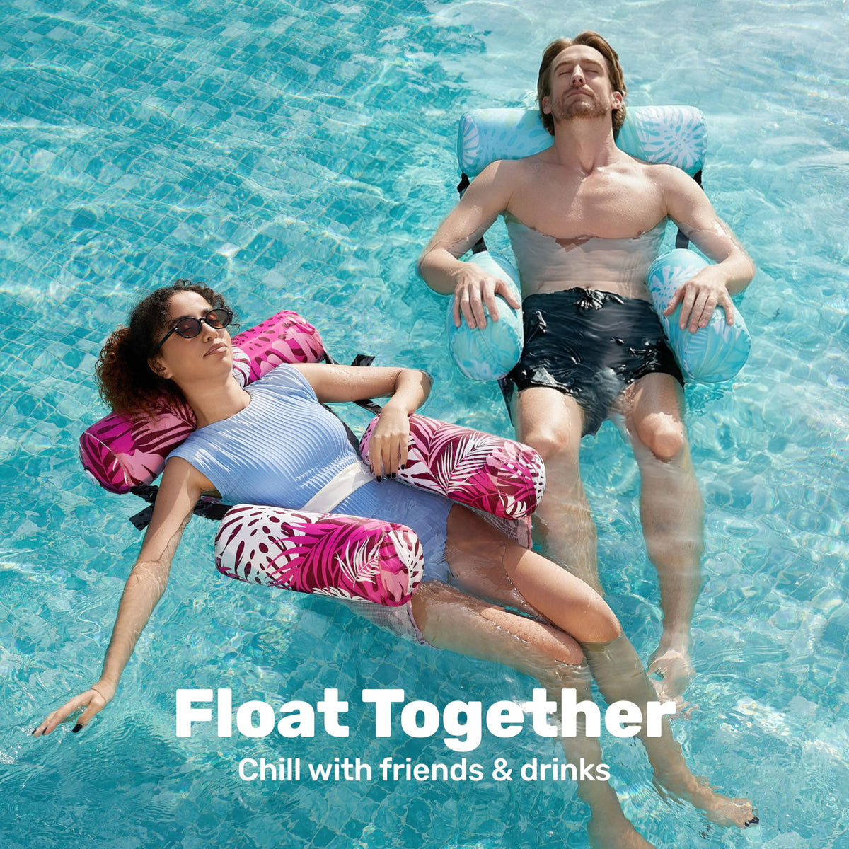 Sloosh Inflatable Pool Floats for Adults – 2-Pack Floating Lounge Chairs | Tropical Leaves Cyan & Pink