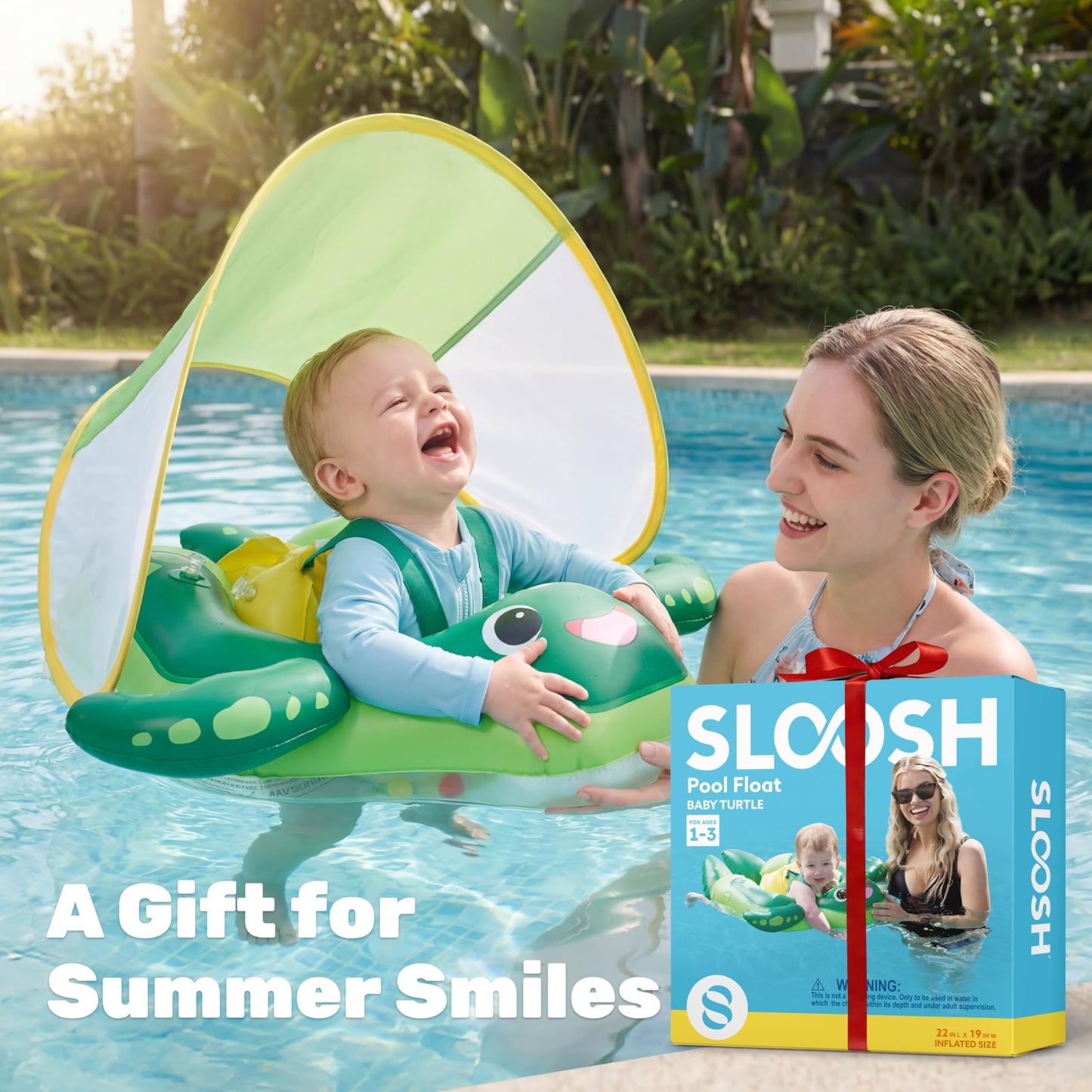 Sloosh Baby Swimming Float with Removable Sun Canopy – Sea Turtle Design (6-36 mo)