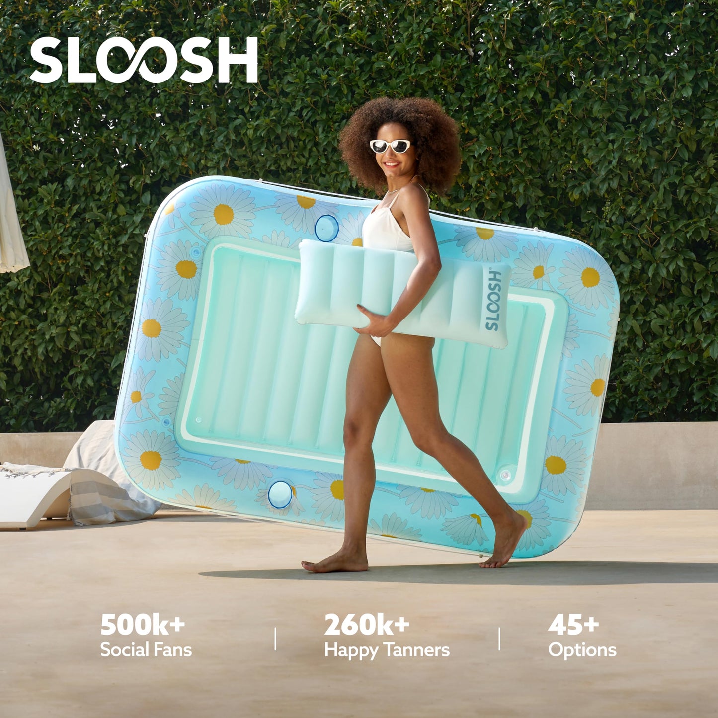 Sloosh Inflatable Tanning Pool Lounger – 70 x 46 in Blue Marble with Pillow