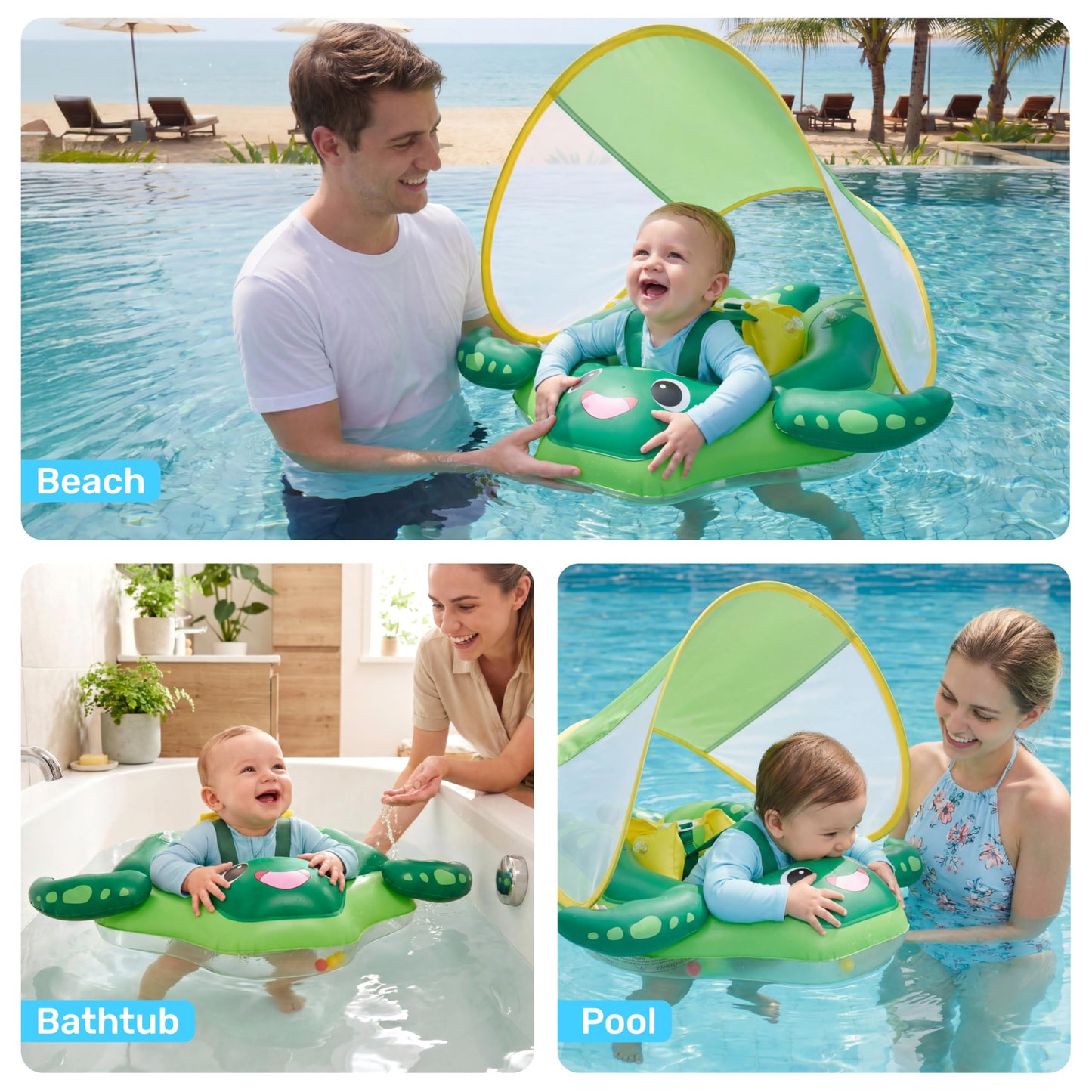 Sloosh Baby Swimming Float with Removable Sun Canopy – Sea Turtle Design (6-36 mo)