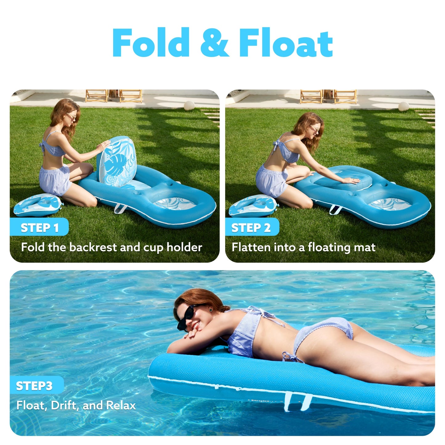 Sloosh Pool Floats Lounger – 2-in-1 Fabric Pool Float with Cup Holders (Blue)