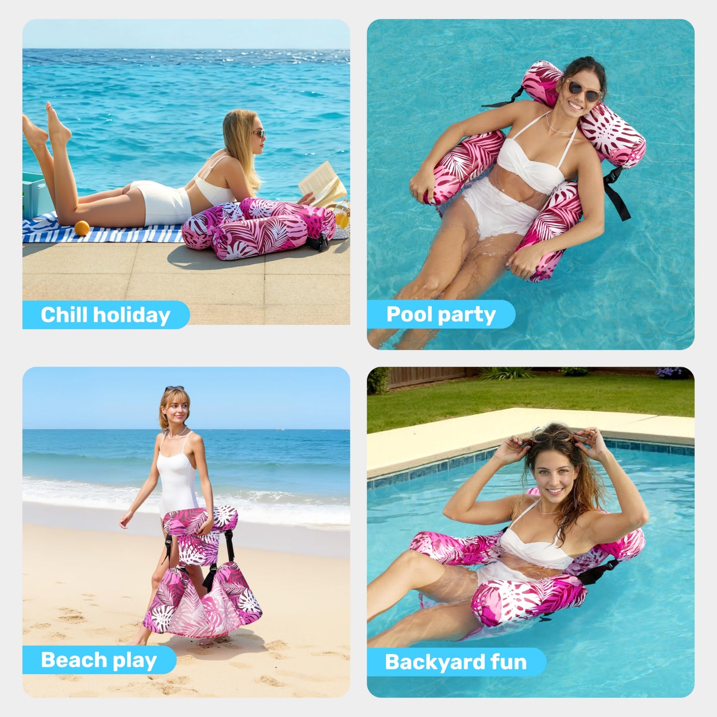 Sloosh Pool Floats Chairs Adult – Inflatable Pool Lounge with Pink Leaves Plant Pattern