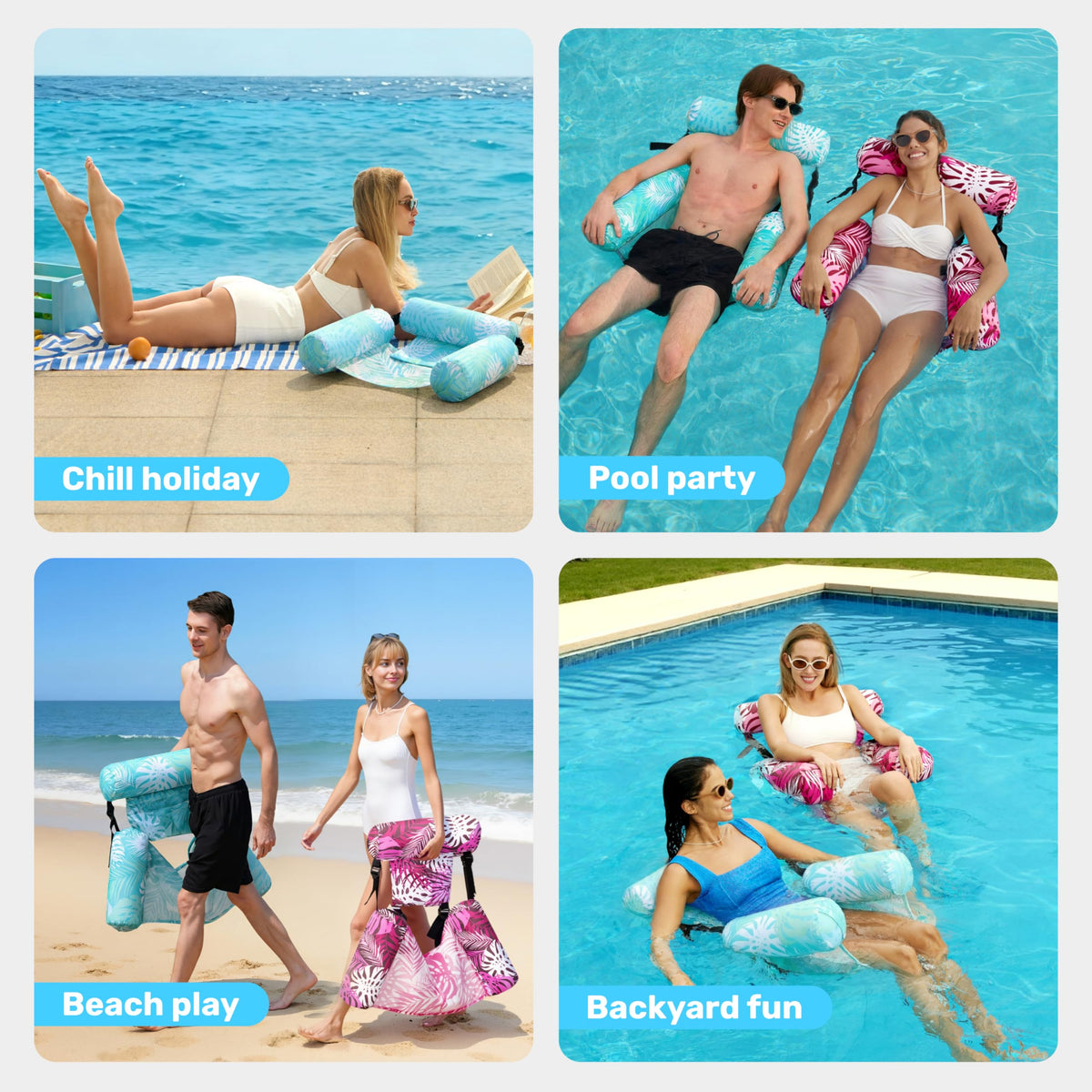 Sloosh Inflatable Pool Floats for Adults – 2-Pack Floating Lounge Chairs | Tropical Leaves Cyan & Pink