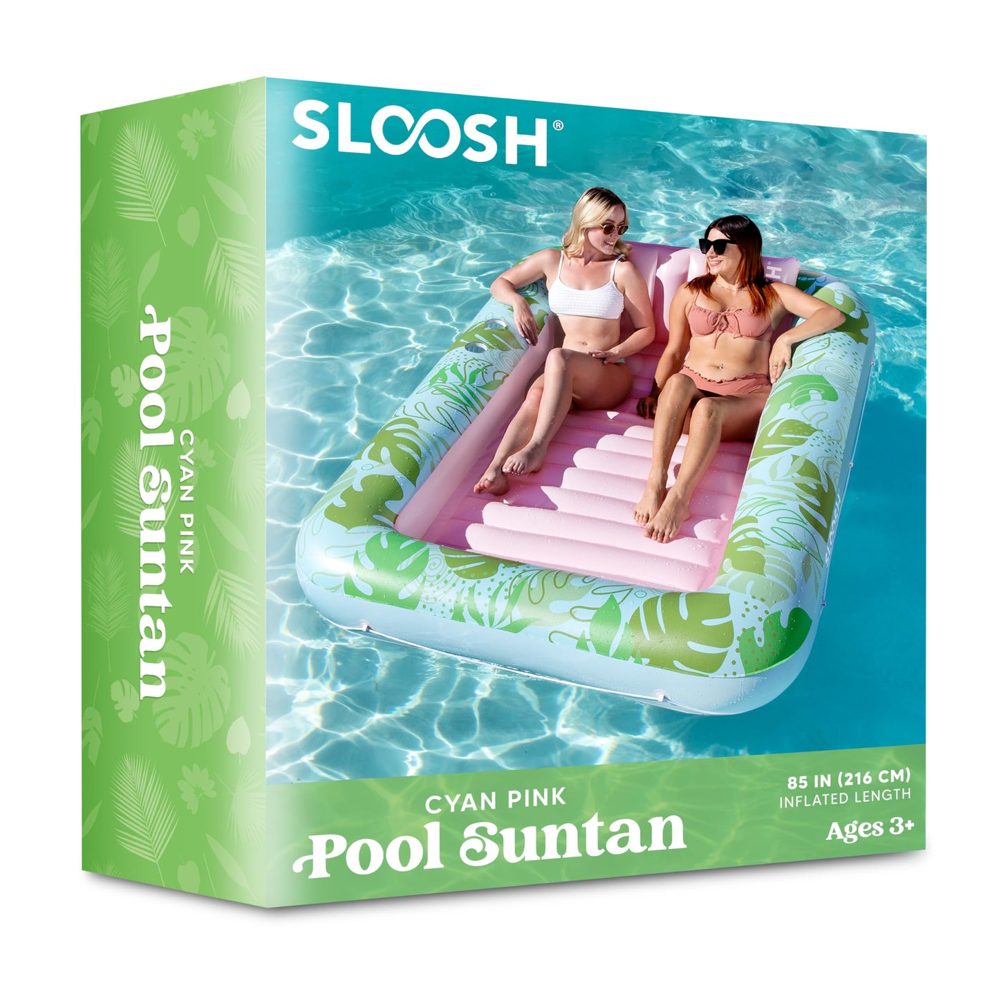 Sloosh Inflatable Tanning Pool Lounger – XL 85 x 57 in with Pillow, Drink Holders & 4-in-1 Suntan Tub Raft