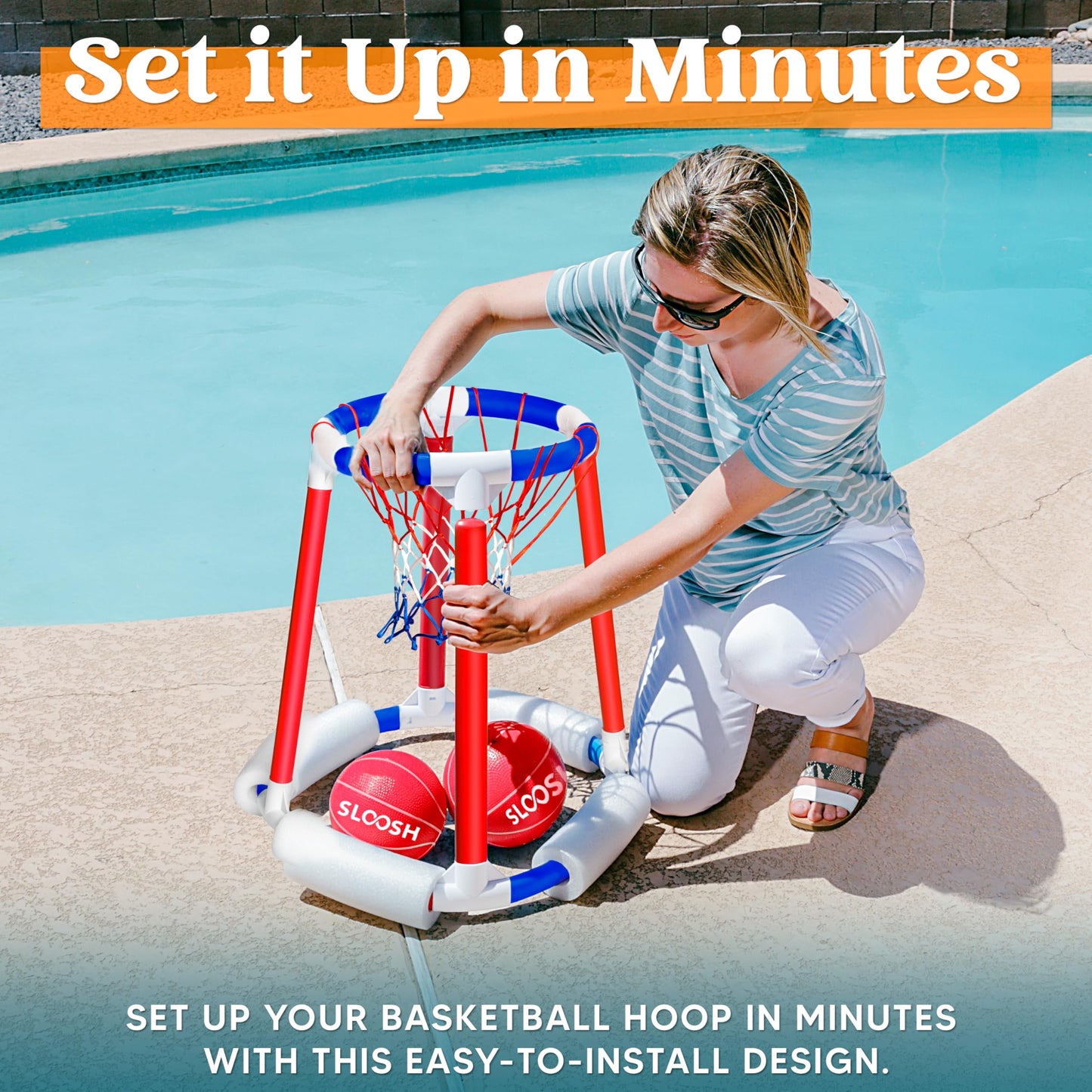 Sloosh Pool Basketball Hoop Set – Floating Pool Game with Balls & Pump (Red/Blue)