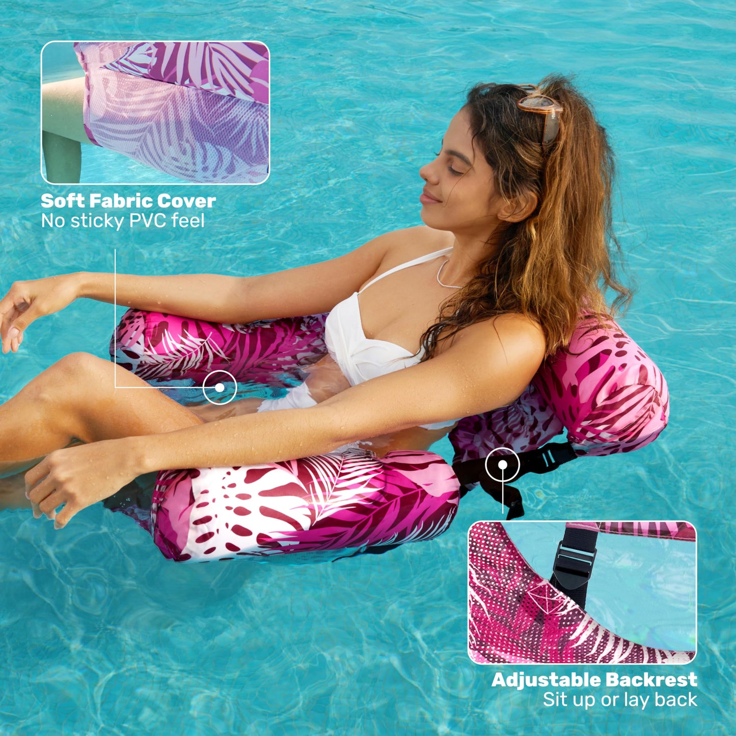 Sloosh Inflatable Pool Floats Adult 2-Pack – Lounge Chairs, Tropical Leaves Pink/Blue