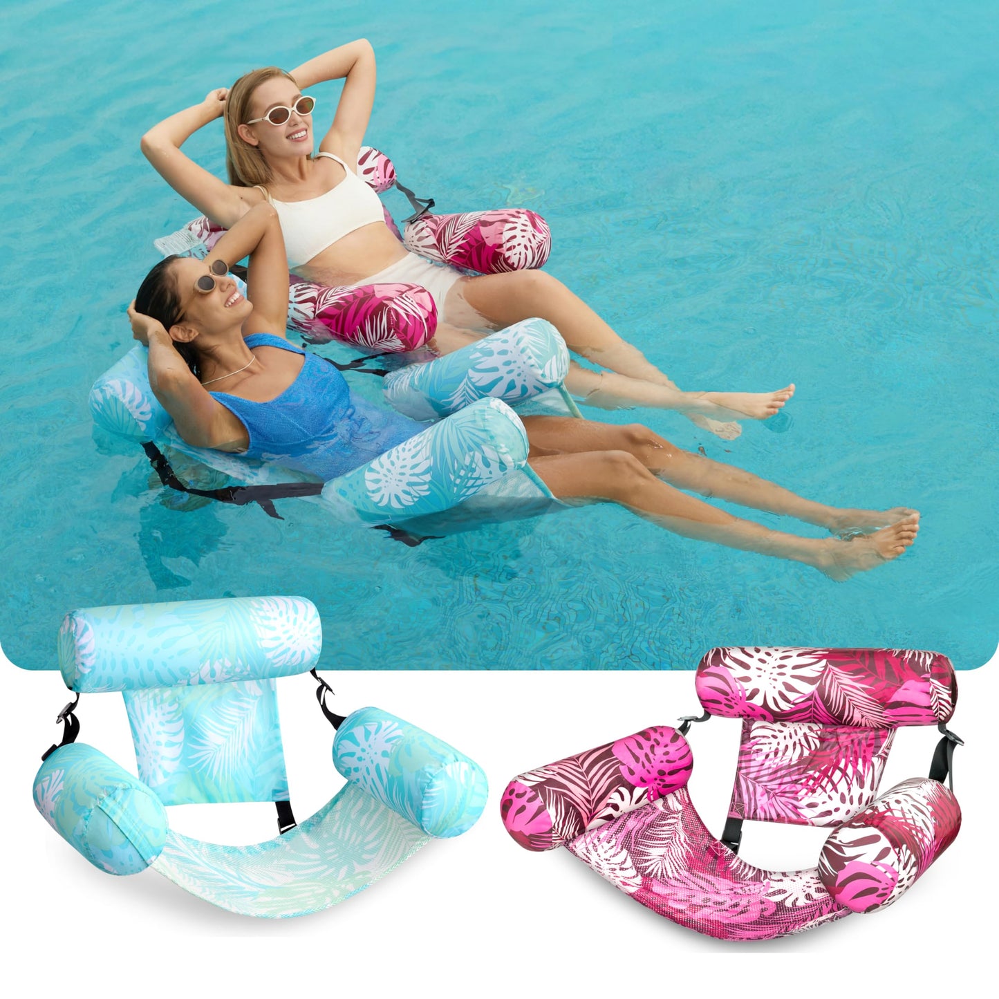 Sloosh Inflatable Pool Floats for Adults – 2-Pack Floating Lounge Chairs | Tropical Leaves Cyan & Pink