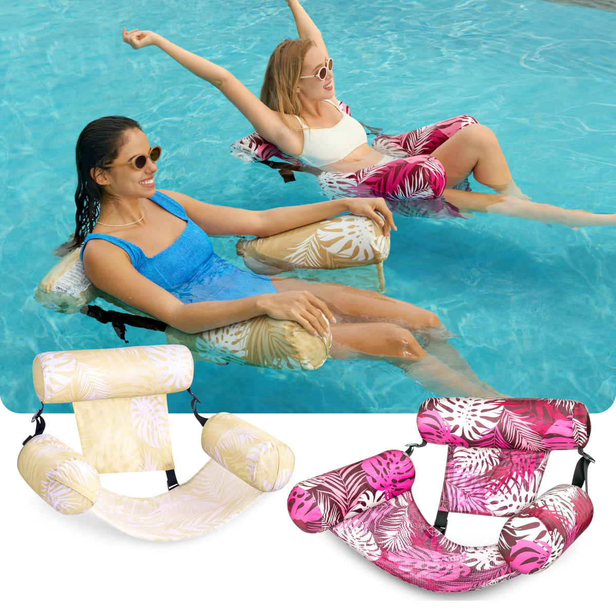 SLOOSH 2-Pack Inflatable Pool Floats for Adults | Floating Lounge Chairs - Tropical Leaves Champagne Pink