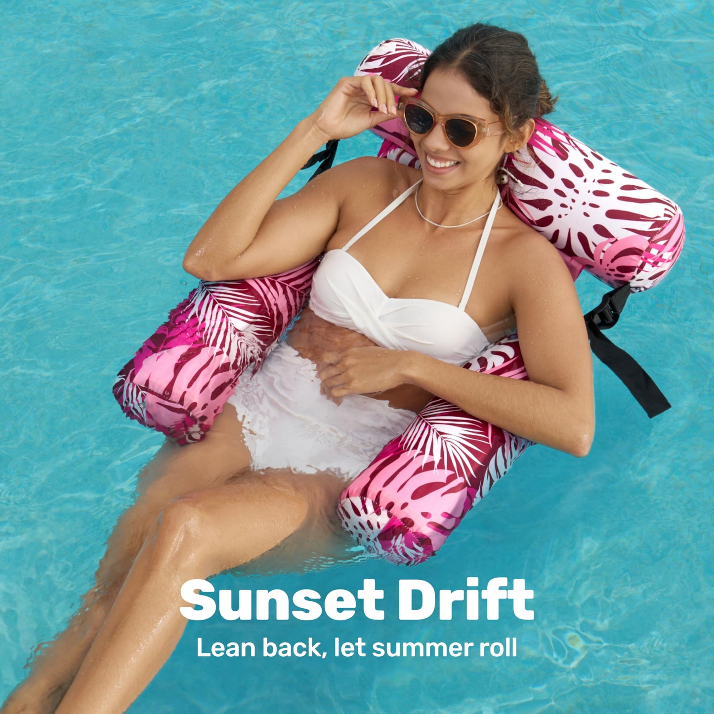 Sloosh Pool Floats Chairs Adult – Inflatable Pool Lounge with Pink Leaves Plant Pattern