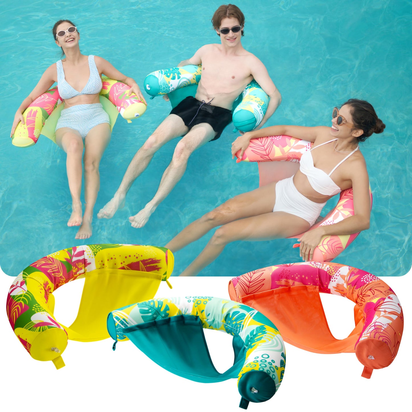 Sloosh Floral Noodle Pool Floats – 3 Pack Inflatable Sling Chairs (Orange/Yellow/Green)