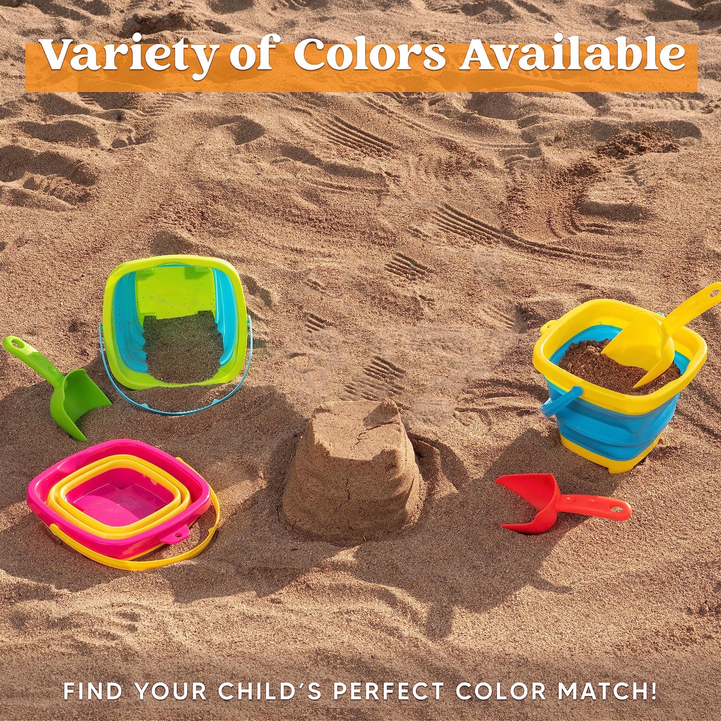 Sloosh 3-Piece Foldable Buckets with Shovels – Silicone Collapsible Beach Set (Yellow/Blue/Green)