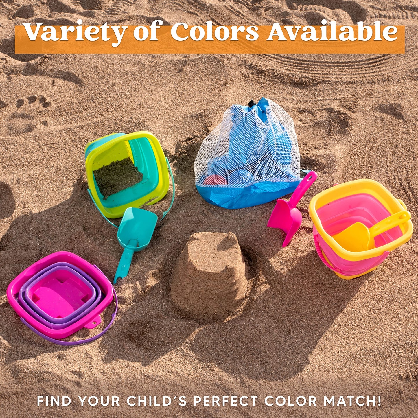 Sloosh 3 Packs Foldable Bucket Set with Sand Shovels & Mesh Backpack – Pink/Purple/Green