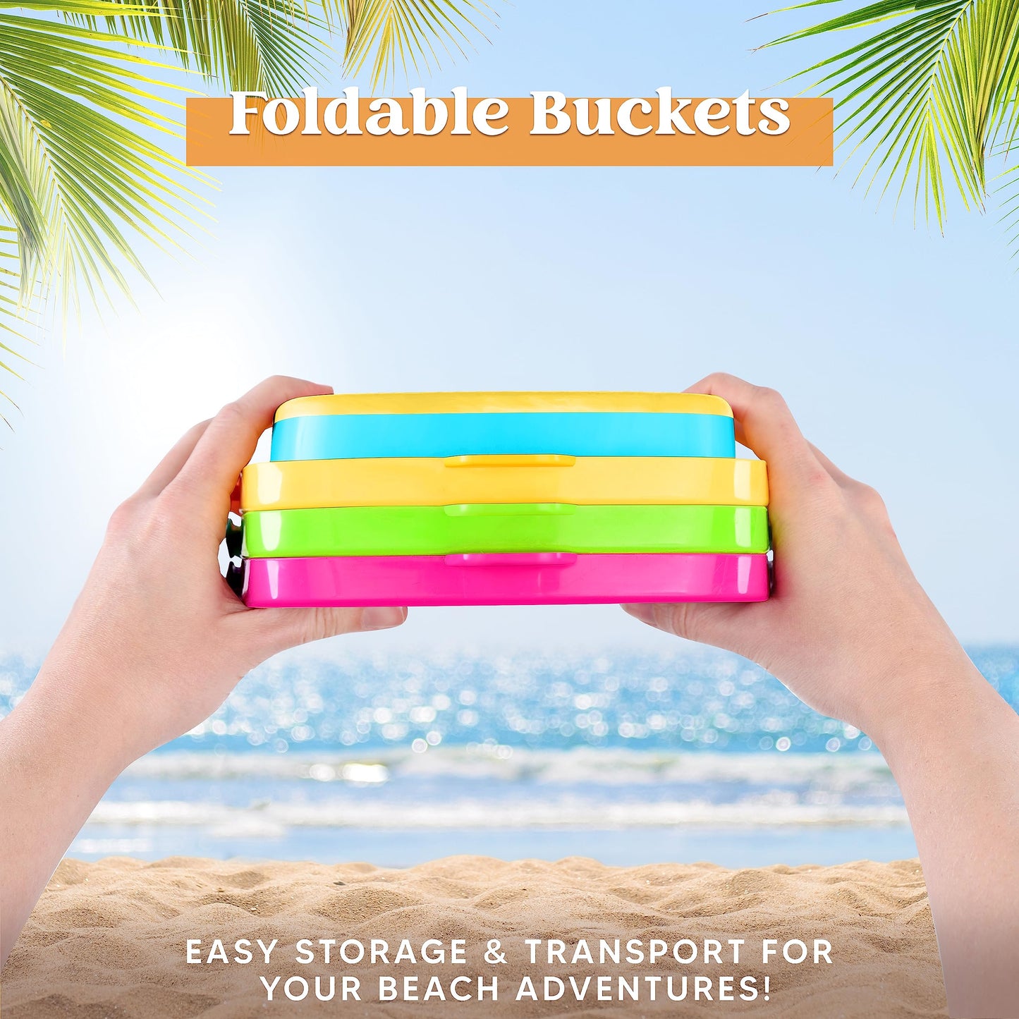 Sloosh 3-Piece Foldable Buckets with Shovels – Silicone Collapsible Beach Set (Yellow/Blue/Green)