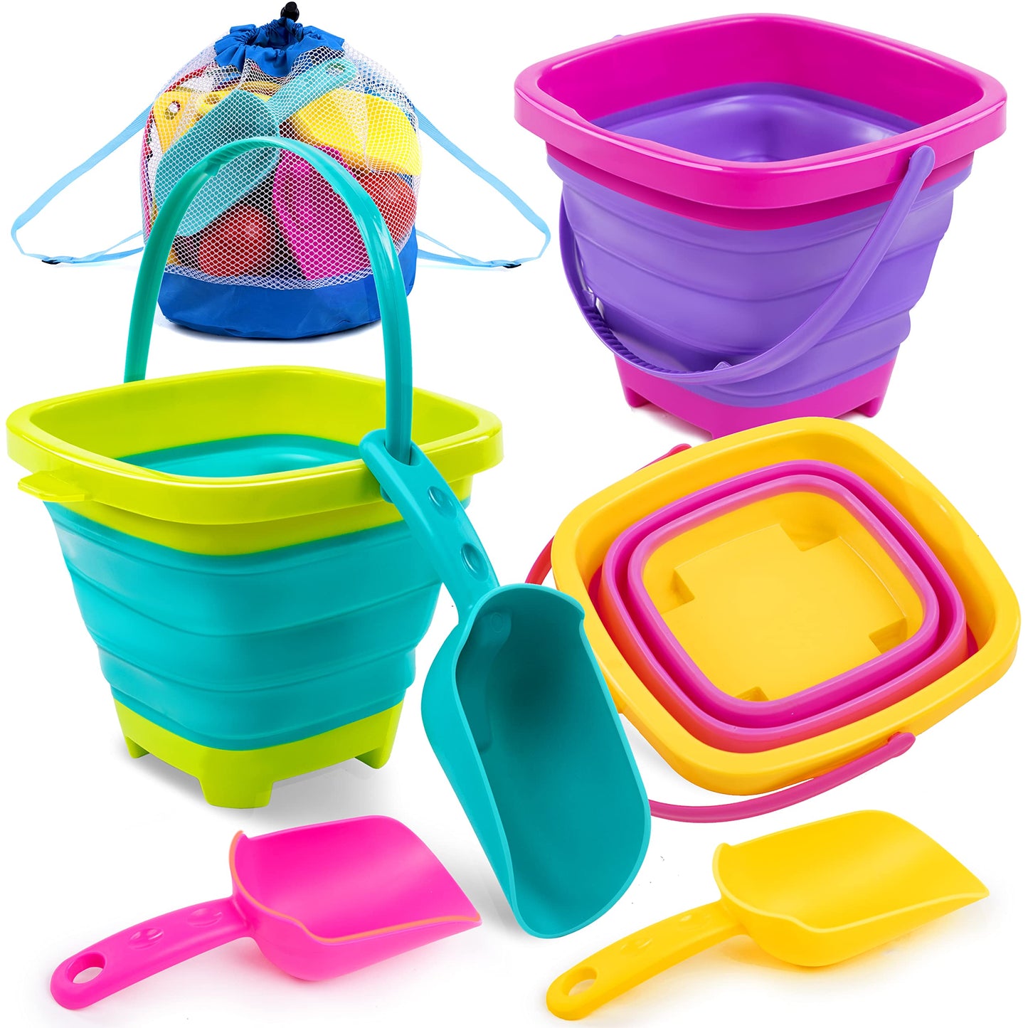 Sloosh 3 Packs Foldable Bucket Set with Sand Shovels & Mesh Backpack – Pink/Purple/Green