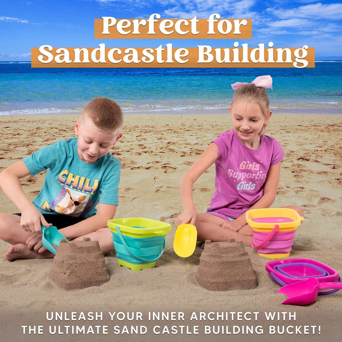 Sloosh 3 Packs Foldable Bucket Set with Sand Shovels & Mesh Backpack – Pink/Purple/Green