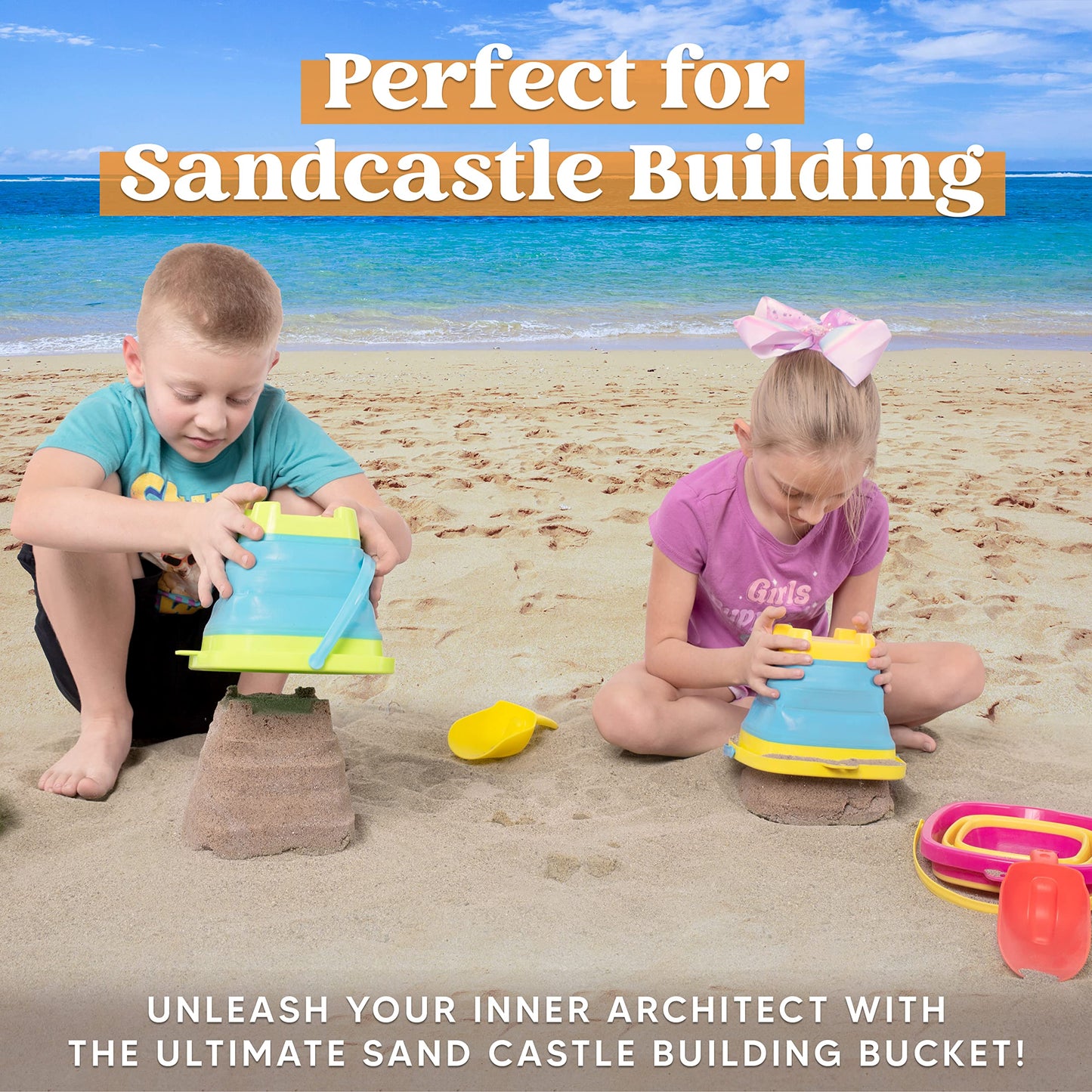 Sloosh 3-Piece Foldable Buckets with Shovels – Silicone Collapsible Beach Set (Yellow/Blue/Green)