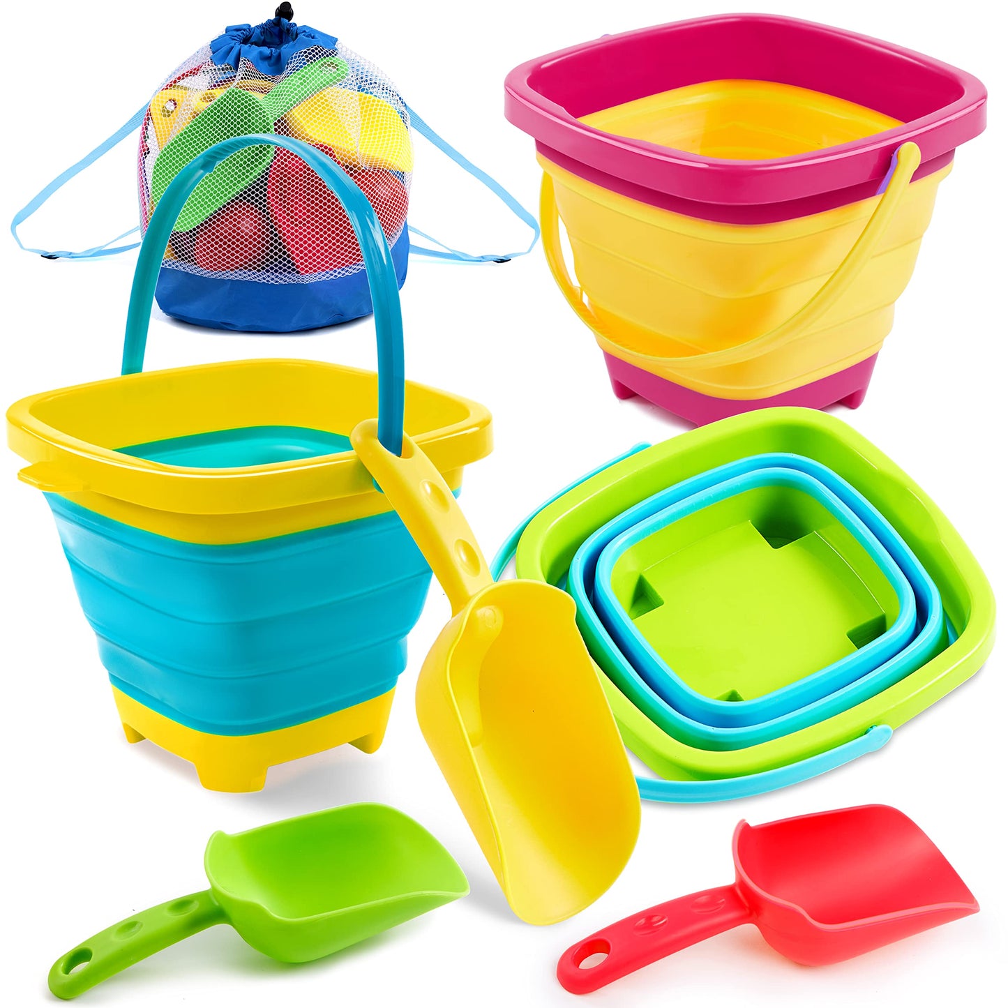 Sloosh 3-Piece Foldable Buckets with Shovels – Silicone Collapsible Beach Set (Yellow/Blue/Green)