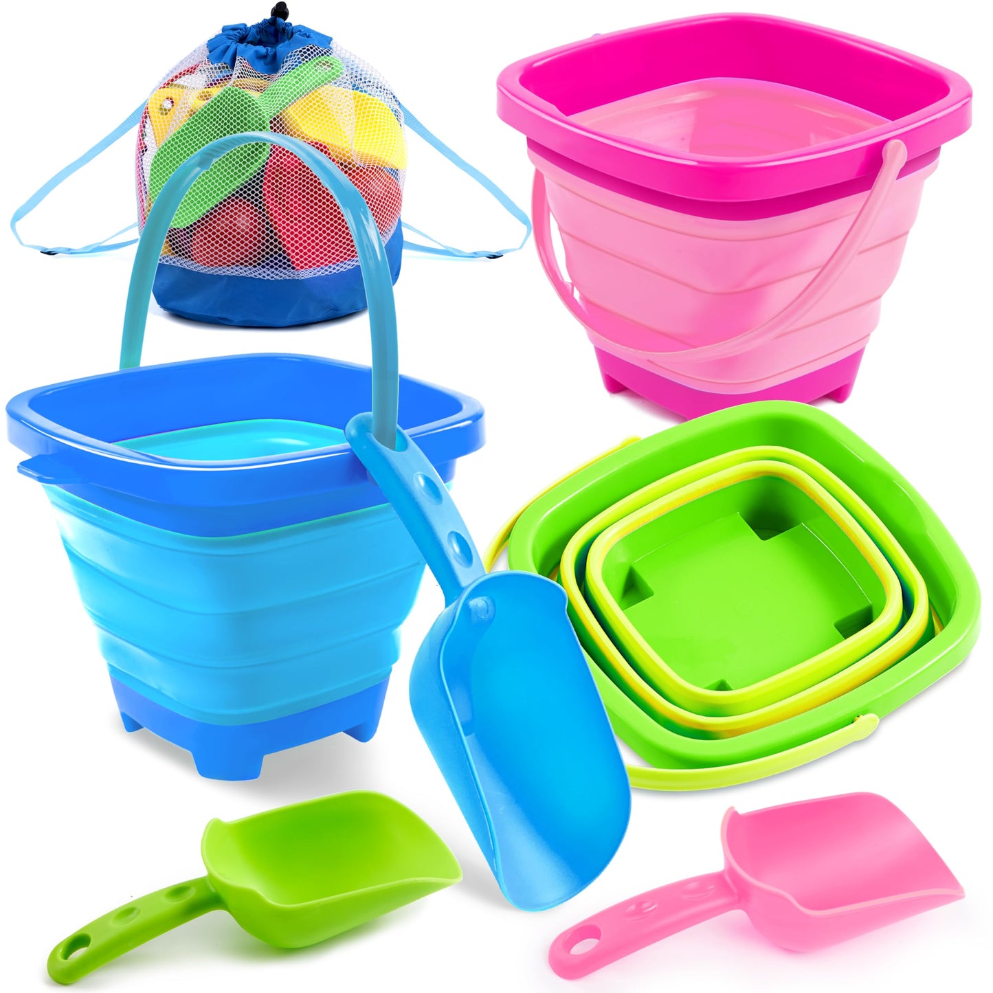 Sloosh 3-Piece Foldable Buckets with Shovels – Beach Sand Toys Set