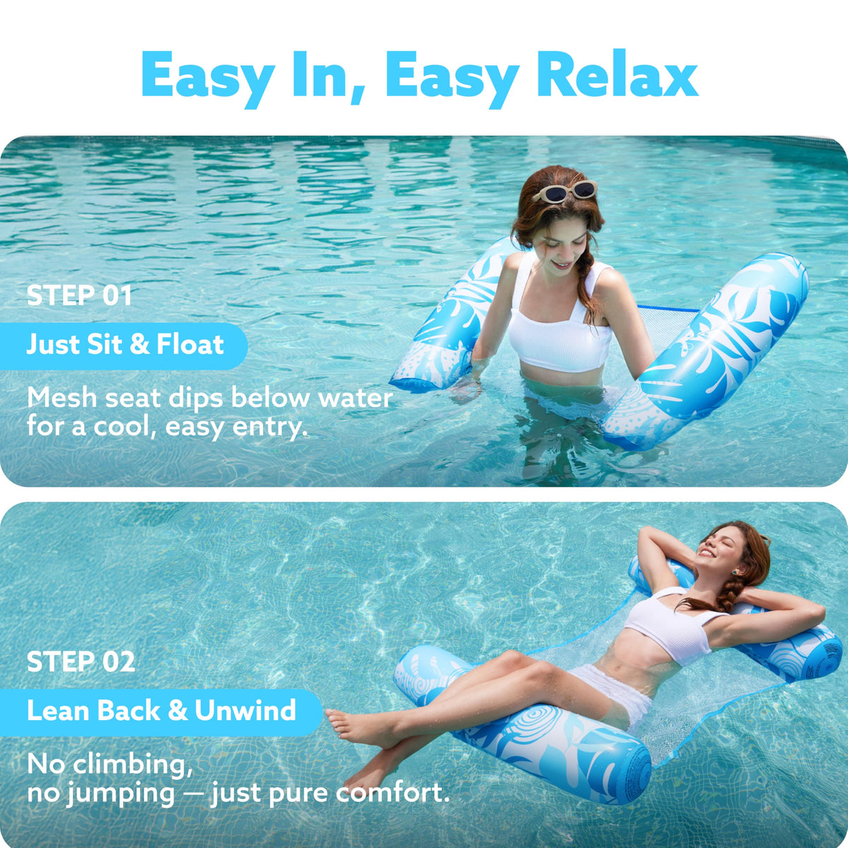 Sloosh 2 Packs Tropical Leaves Hammock Pool Floats – 4-in-1 Inflatable Loungers (Blue & Green)