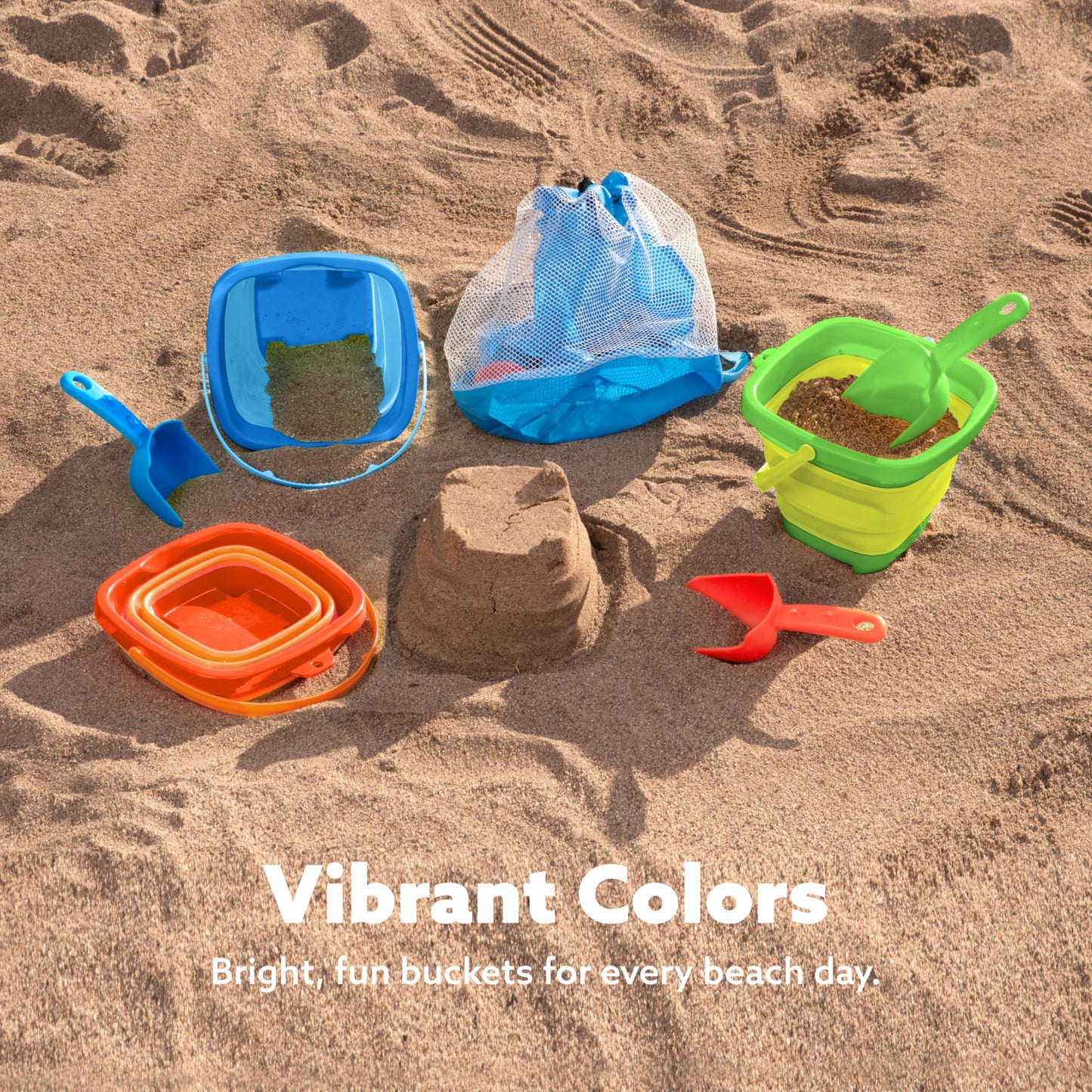 Sloosh 3-Pack Collapsible Sand Toys – Foldable Pail Buckets & Shovels (Orange/Blue/Green)