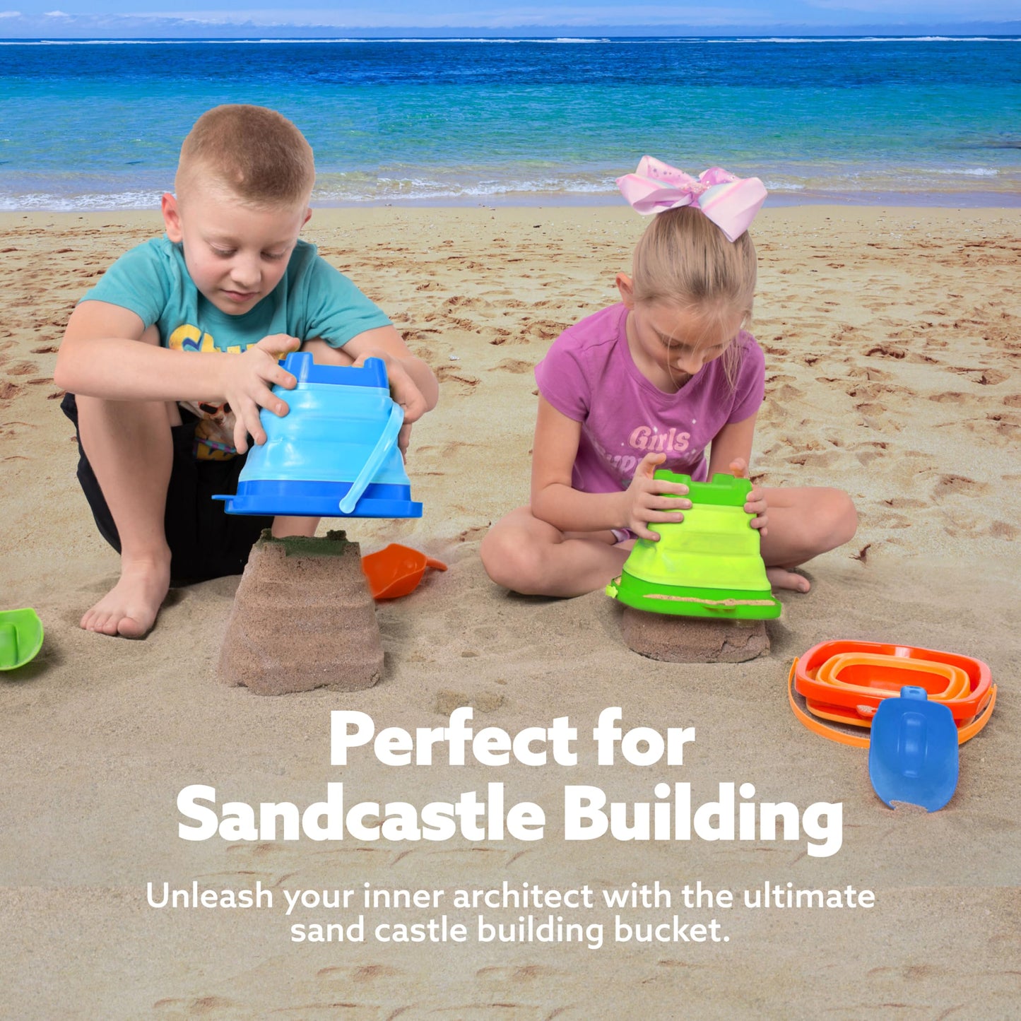 Sloosh 3-Pack Collapsible Sand Toys – Foldable Pail Buckets & Shovels (Orange/Blue/Green)