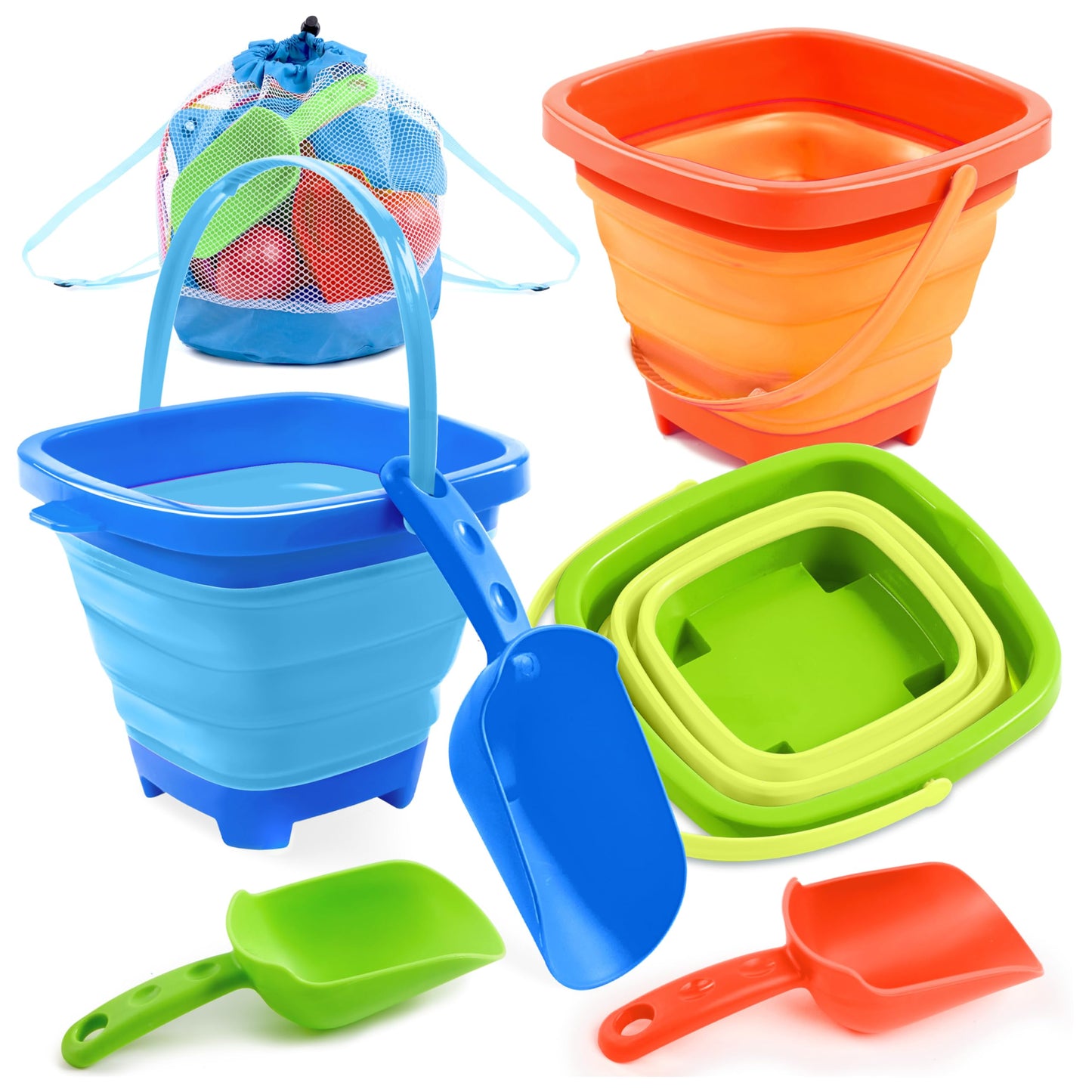 Sloosh 3-Pack Collapsible Sand Toys – Foldable Pail Buckets & Shovels (Orange/Blue/Green)