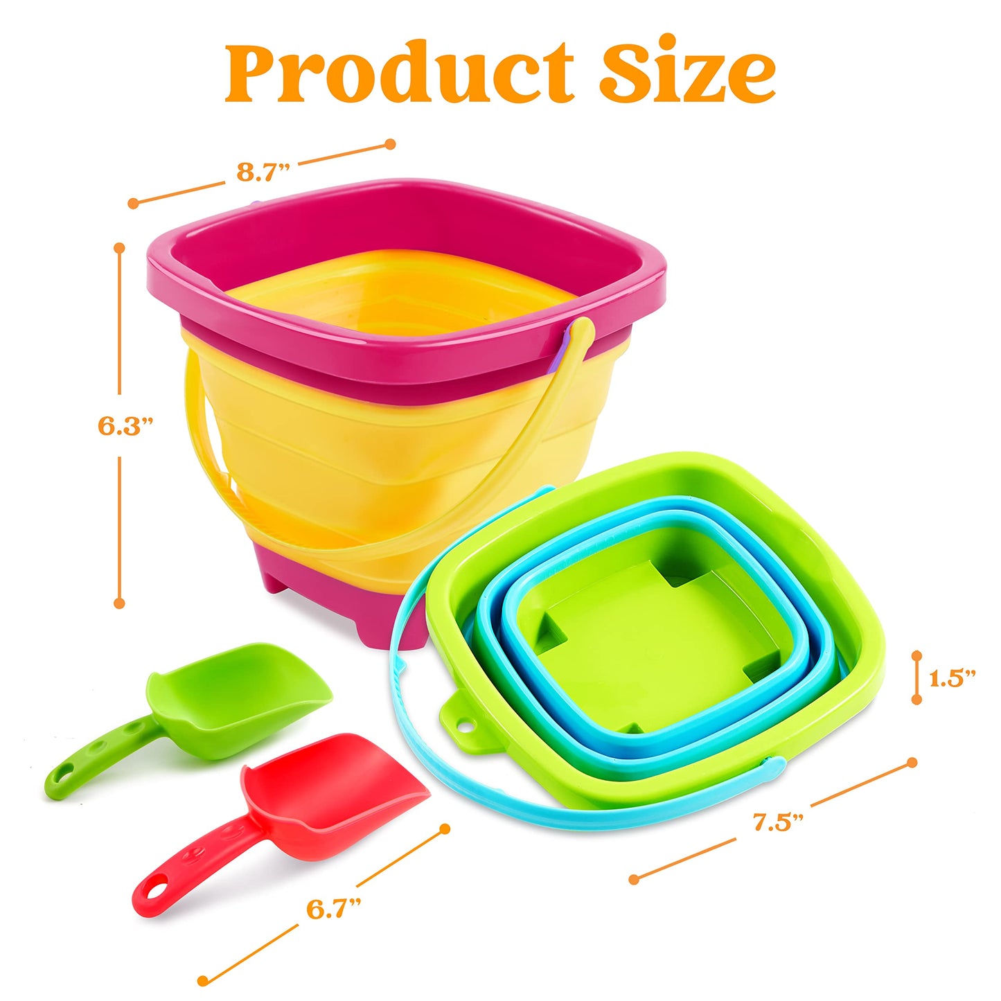 Sloosh 3-Piece Foldable Buckets with Shovels – Silicone Collapsible Beach Set (Yellow/Blue/Green)