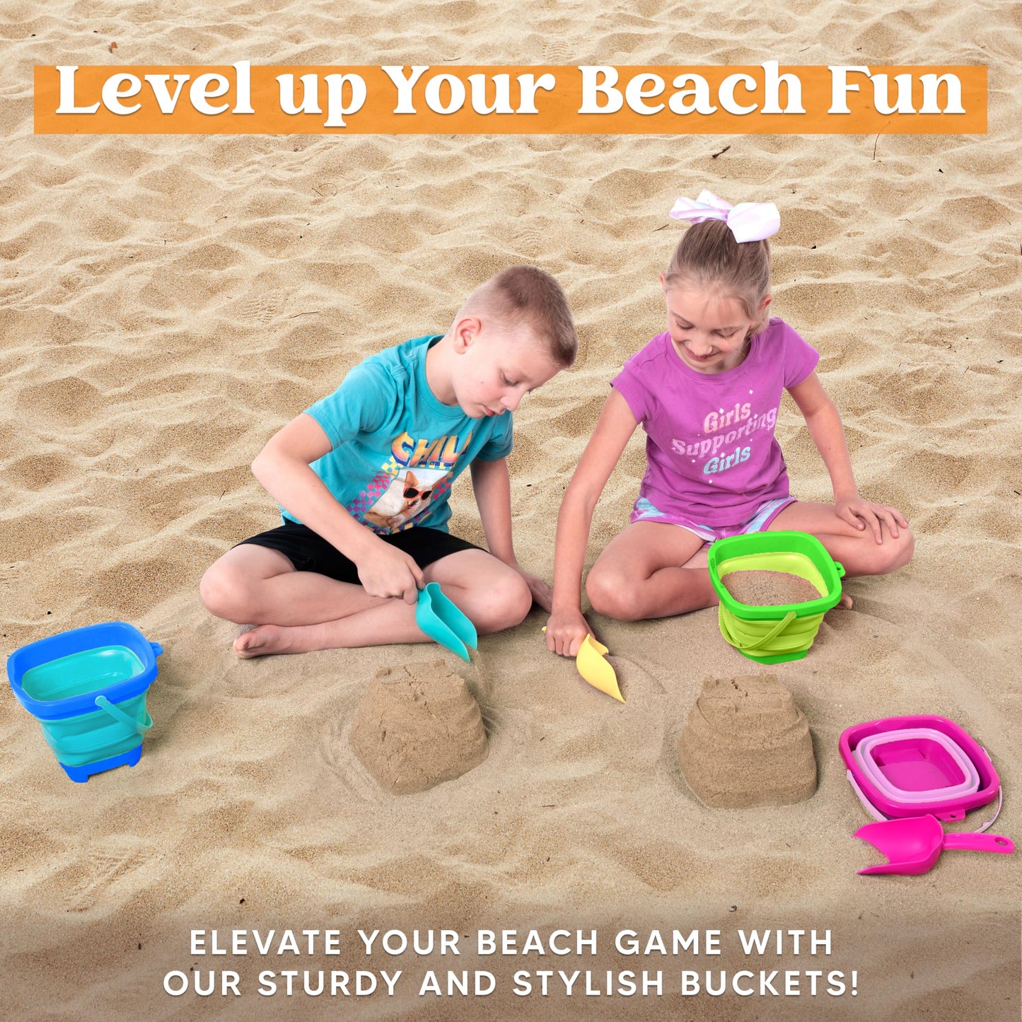 Sloosh 3-Piece Foldable Buckets with Shovels – Beach Sand Toys Set