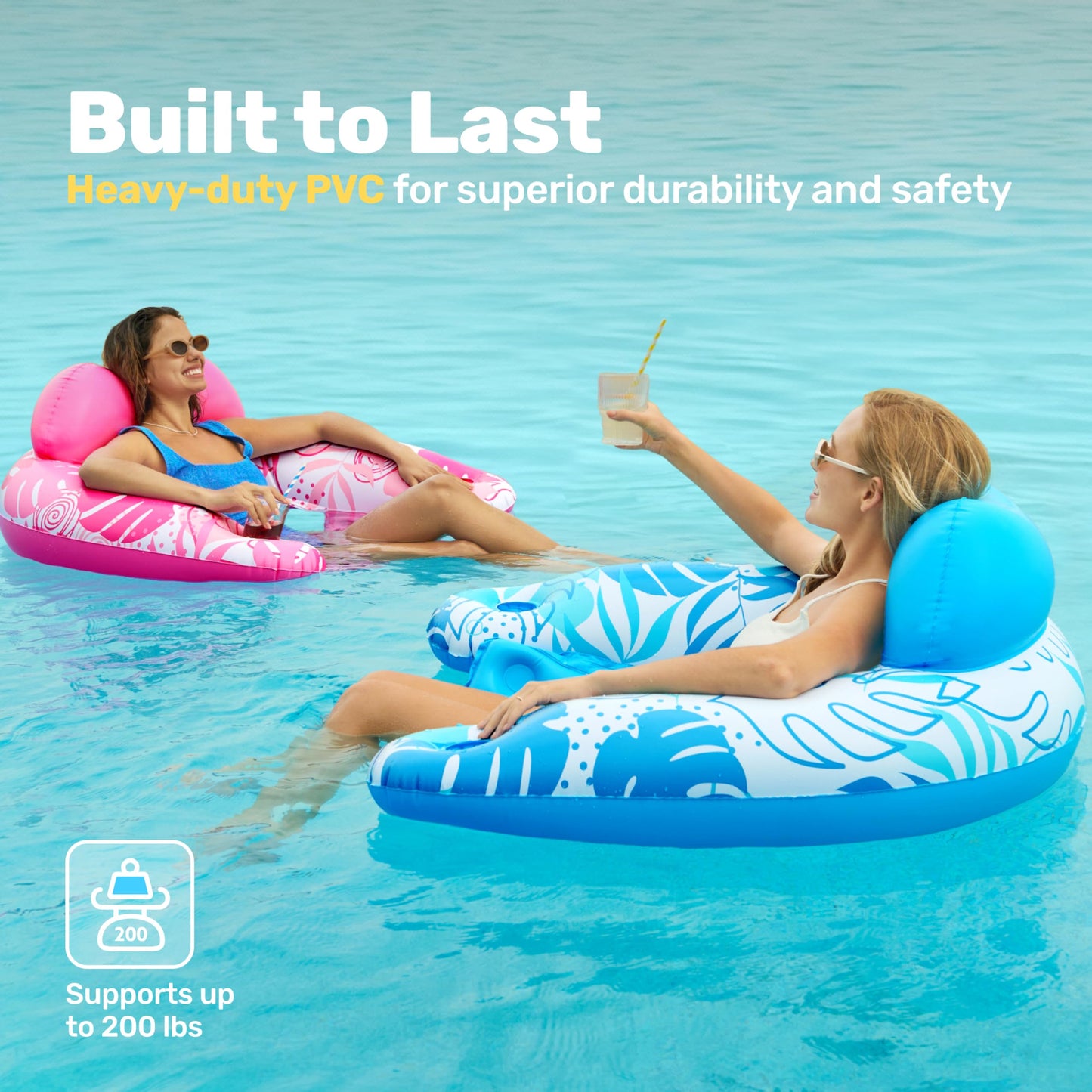SLOOSH Inflatable Pool Chairs 2-Pack with Cup Holders – Leaves Design, Headrest, UV-Resistant