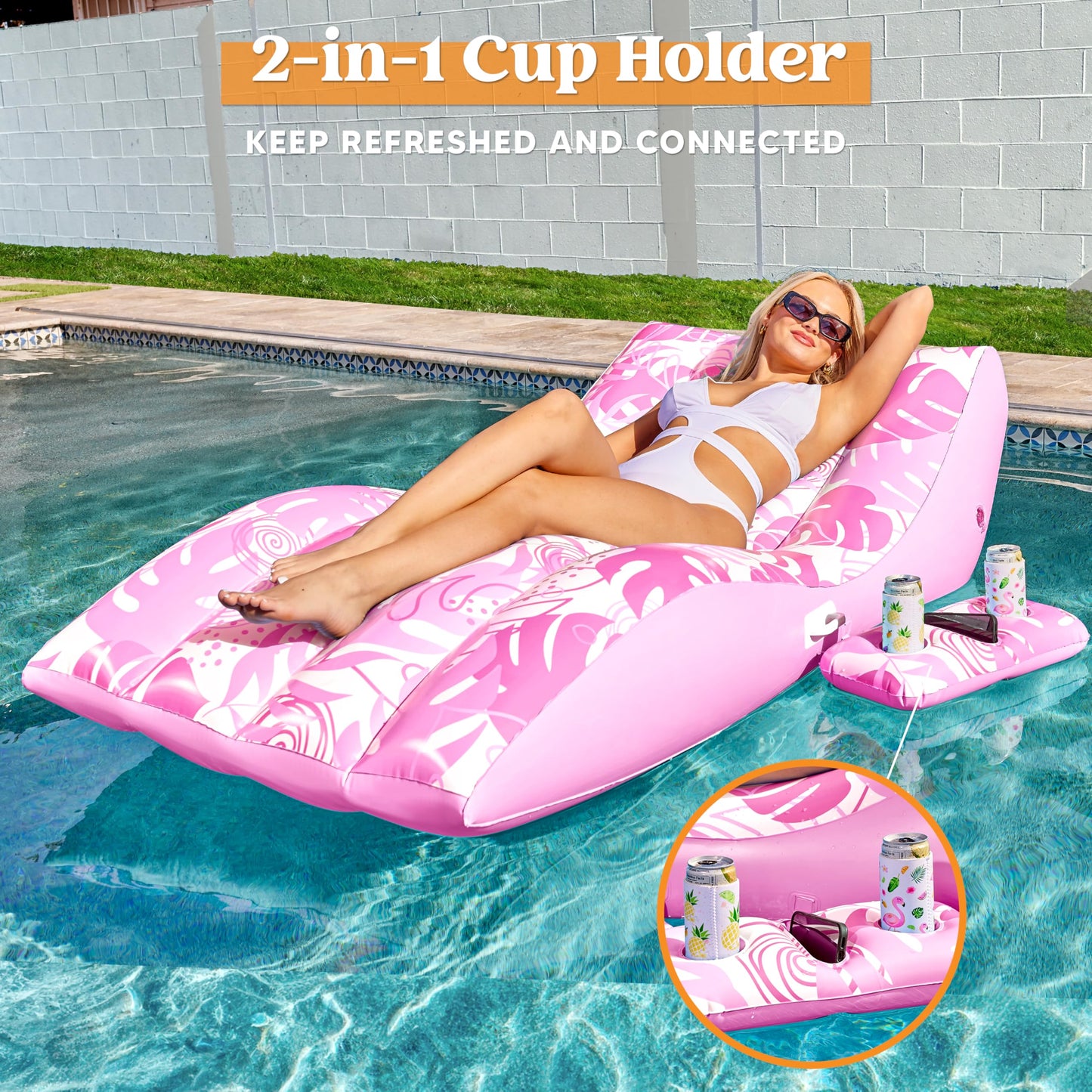 Sloosh Inflatable Pool Lounge Chair Pink – Extra-Large, Heavy-Duty Float with Detachable Cup Holder