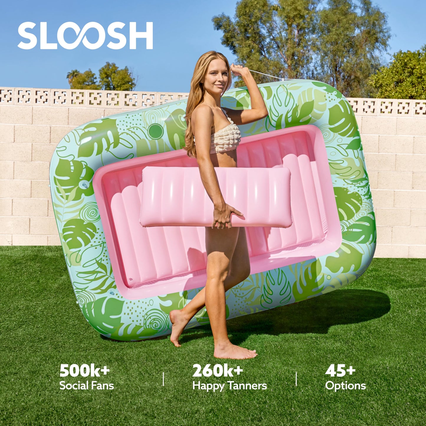 Sloosh Inflatable Tanning Pool Lounger Float — 70x46, 4-in-1 Suntan Tub