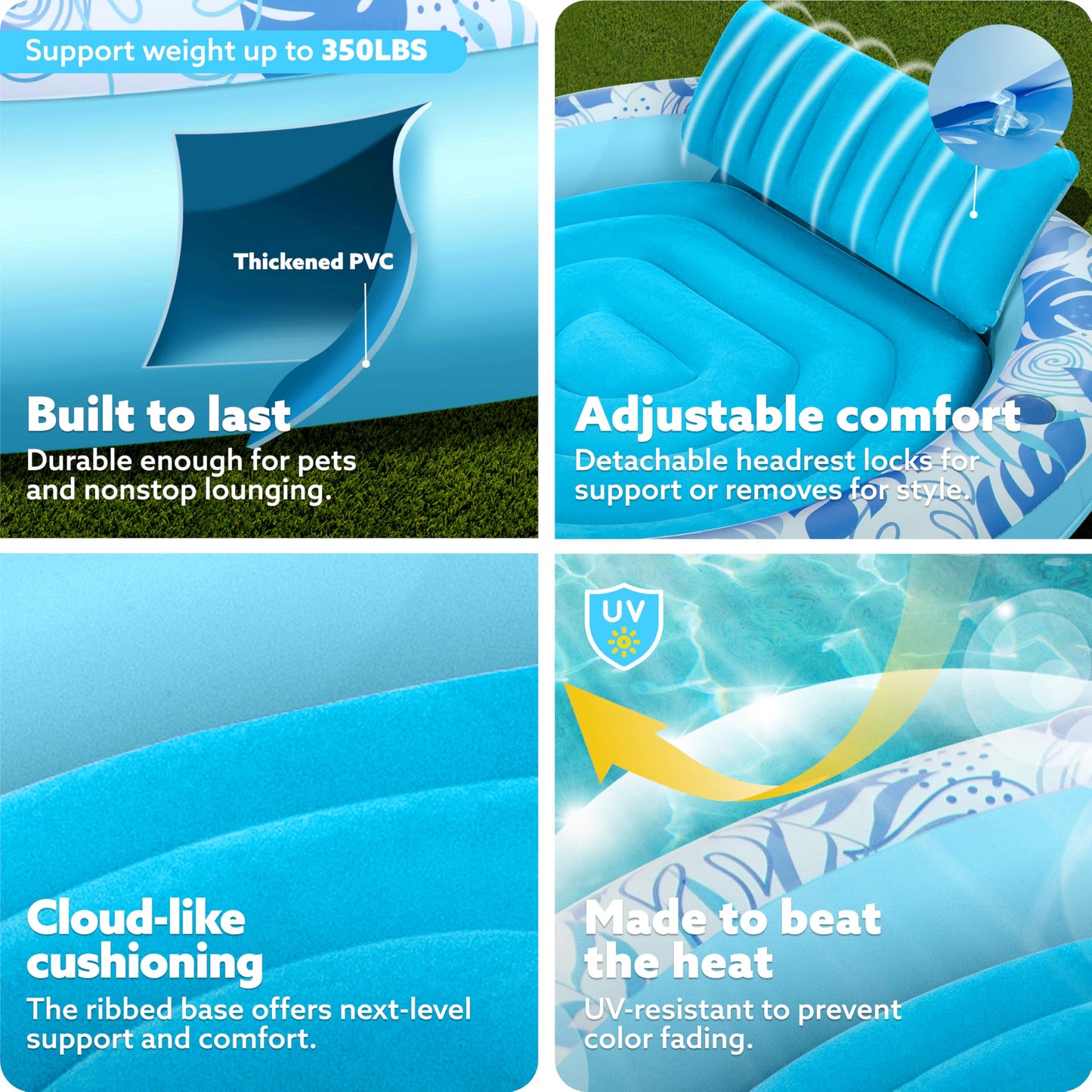 Sloosh Inflatable Tanning Pool Lounger Float - 72-Inch Round Sunbathing Bed with Pillow