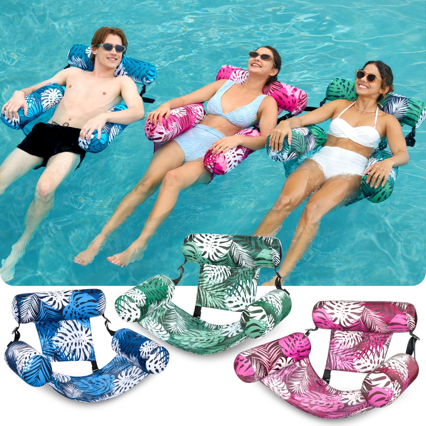 SLOOSH 3-Pack Pool Floats Chairs for Adults — Inflatable Lounge Chairs with Tropical Leaves