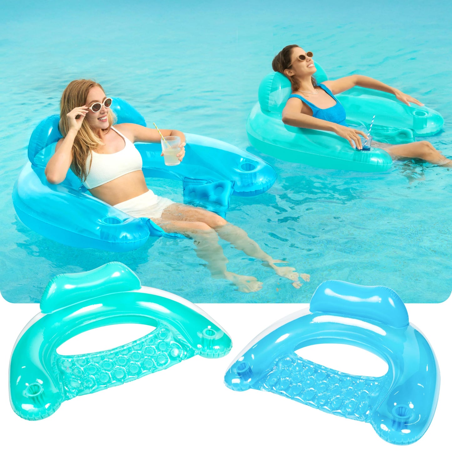 Sloosh Inflatable Pool Floats – 2 Pack Pool Chairs with Cup Holders (Blue & Green)