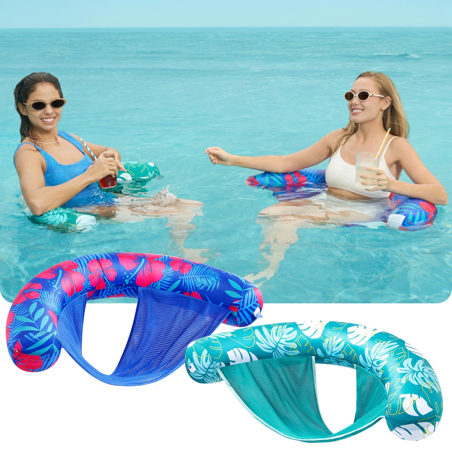 Sloosh Pool Float Chairs 2-Pack with Sling | Soft Fabric Noodle Chair – Flower Leaves