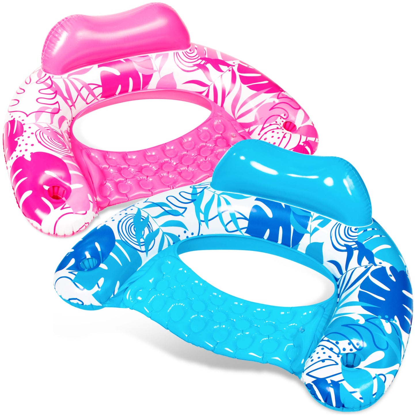 SLOOSH Inflatable Pool Chairs 2-Pack with Cup Holders – Leaves Design, Headrest, UV-Resistant