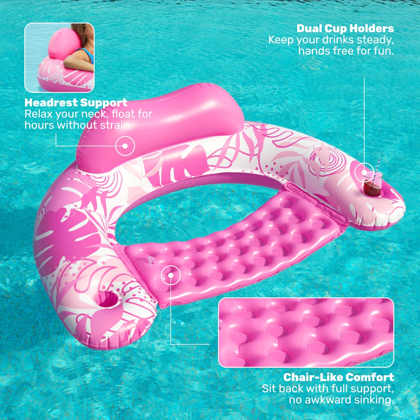 SLOOSH Inflatable Pool Chairs 2-Pack with Cup Holders – Leaves Design, Headrest, UV-Resistant