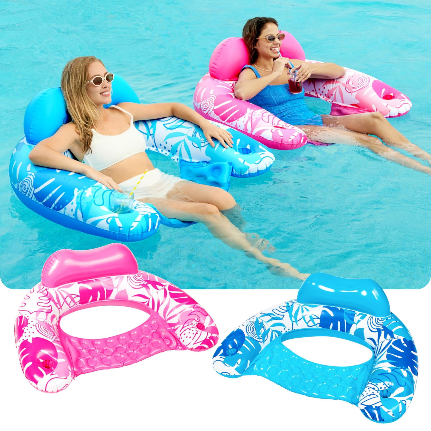 SLOOSH Inflatable Pool Chairs 2-Pack with Cup Holders – Leaves Design, Headrest, UV-Resistant