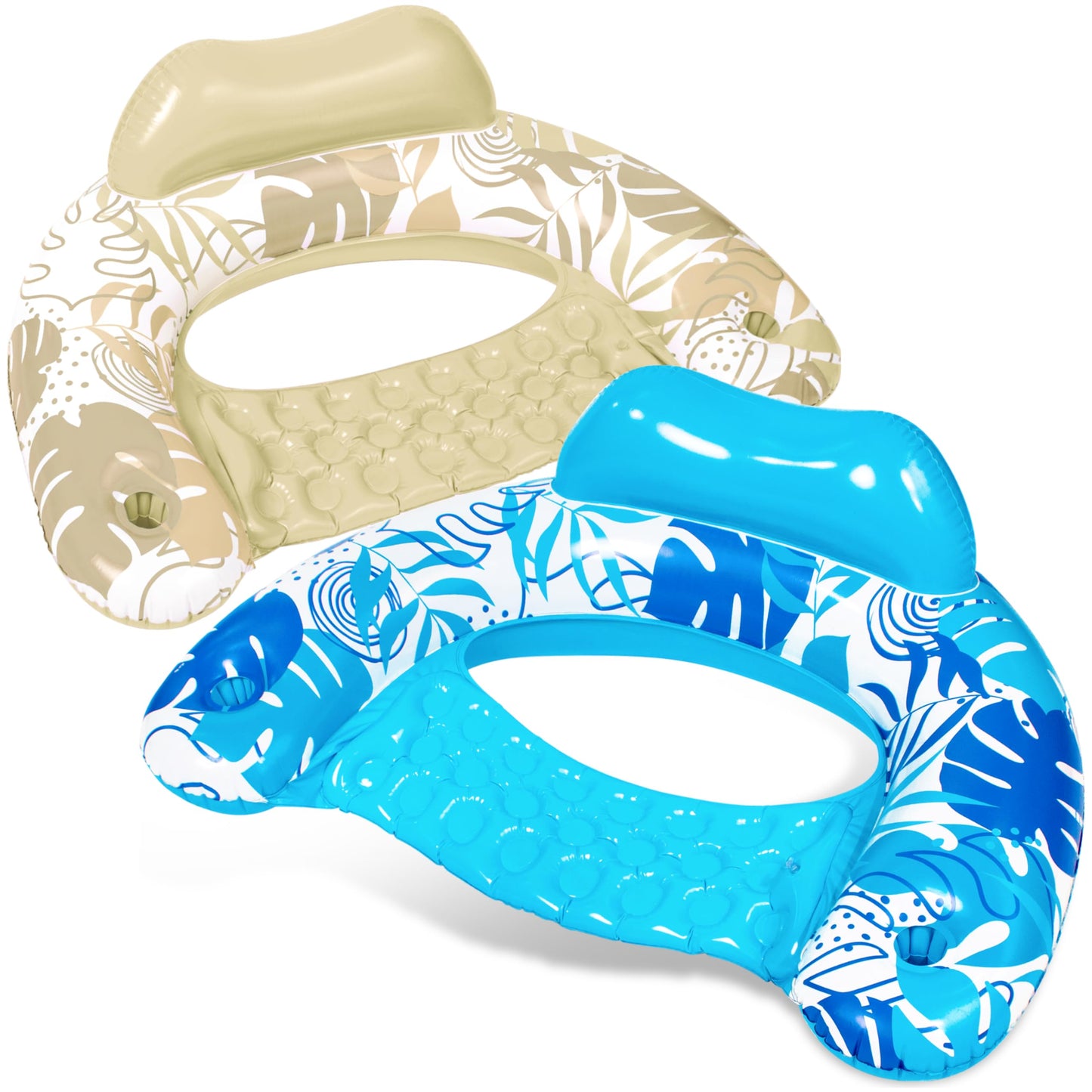 Sloosh Inflatable Pool Floats – 2-Pack Pool Chairs with Cup Holders (Blue & Champagne)
