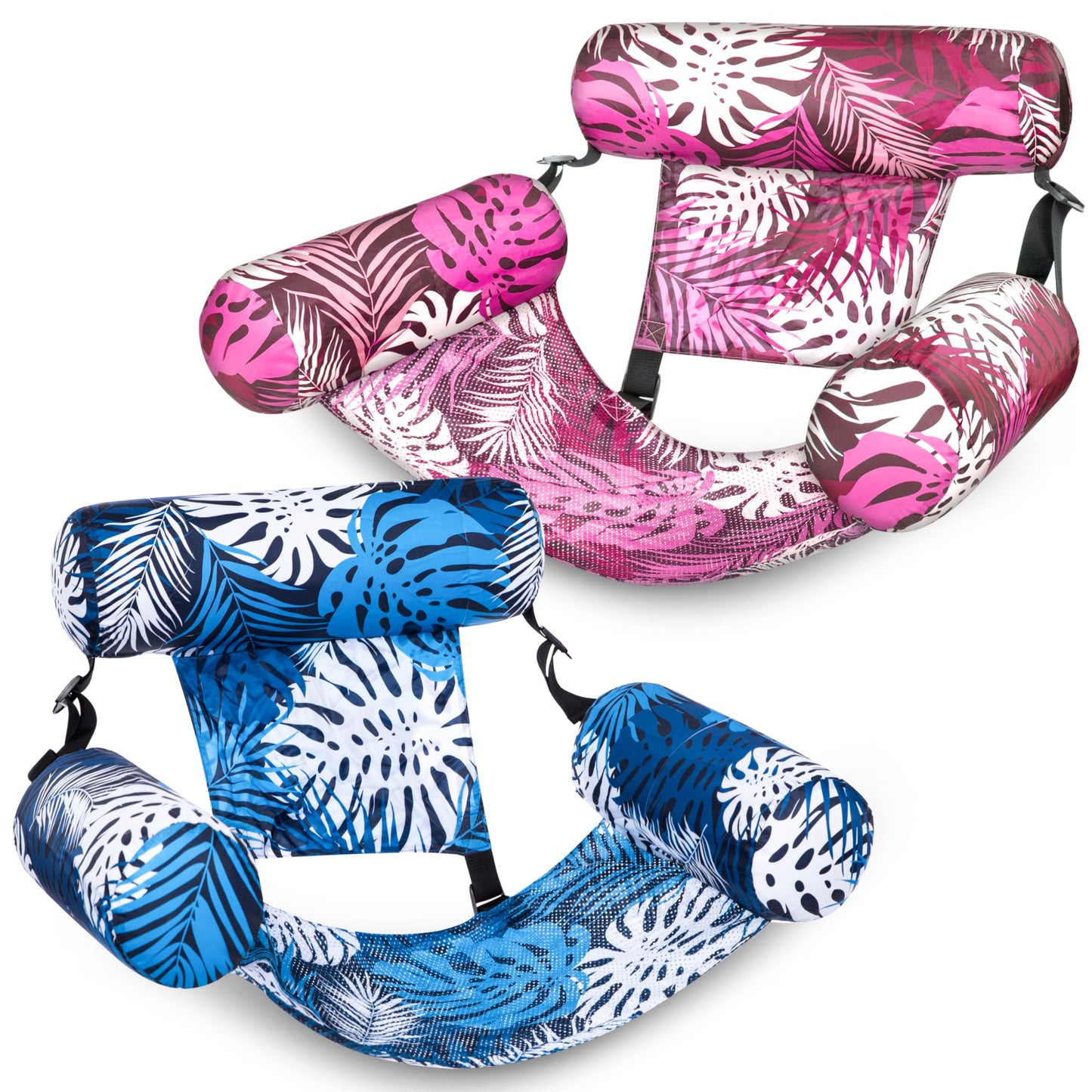 Sloosh Inflatable Pool Floats Adult 2-Pack – Lounge Chairs, Tropical Leaves Pink/Blue
