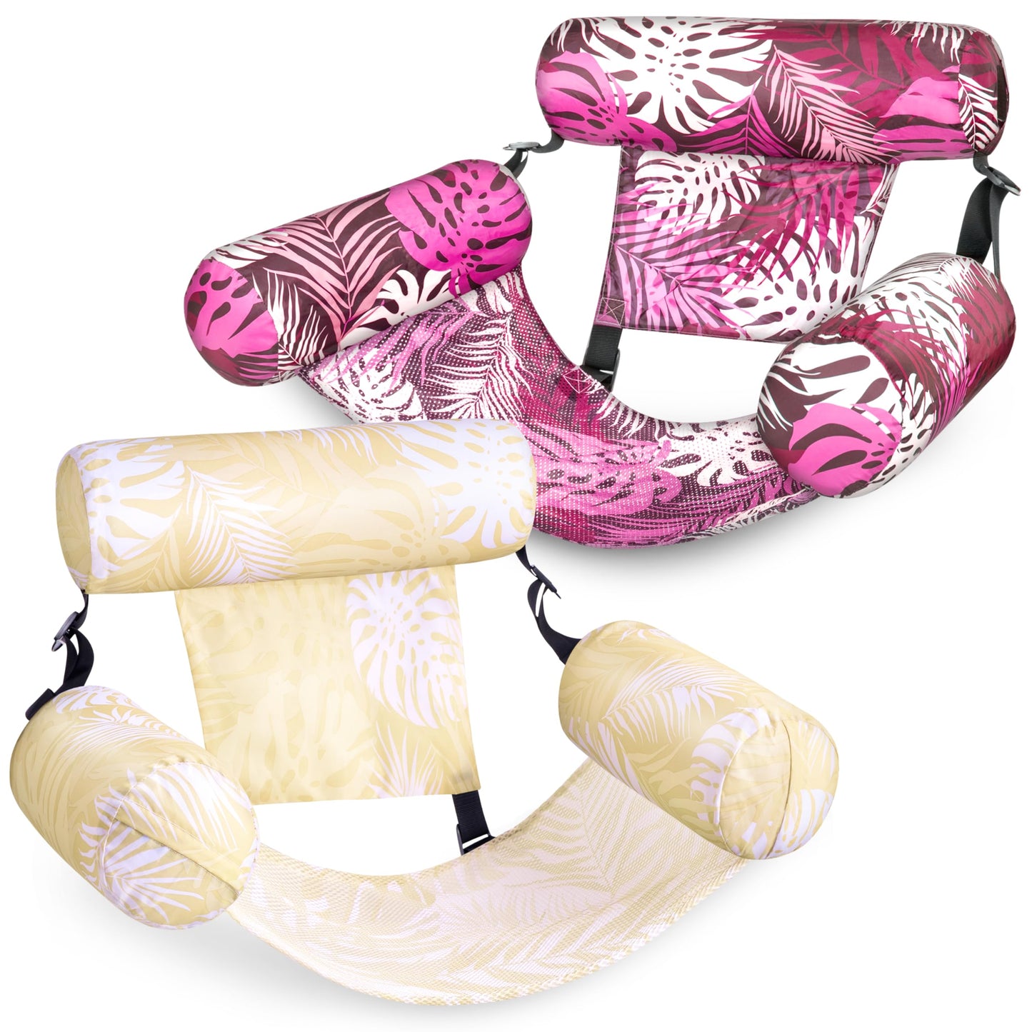 SLOOSH 2-Pack Inflatable Pool Floats for Adults | Floating Lounge Chairs - Tropical Leaves Champagne Pink