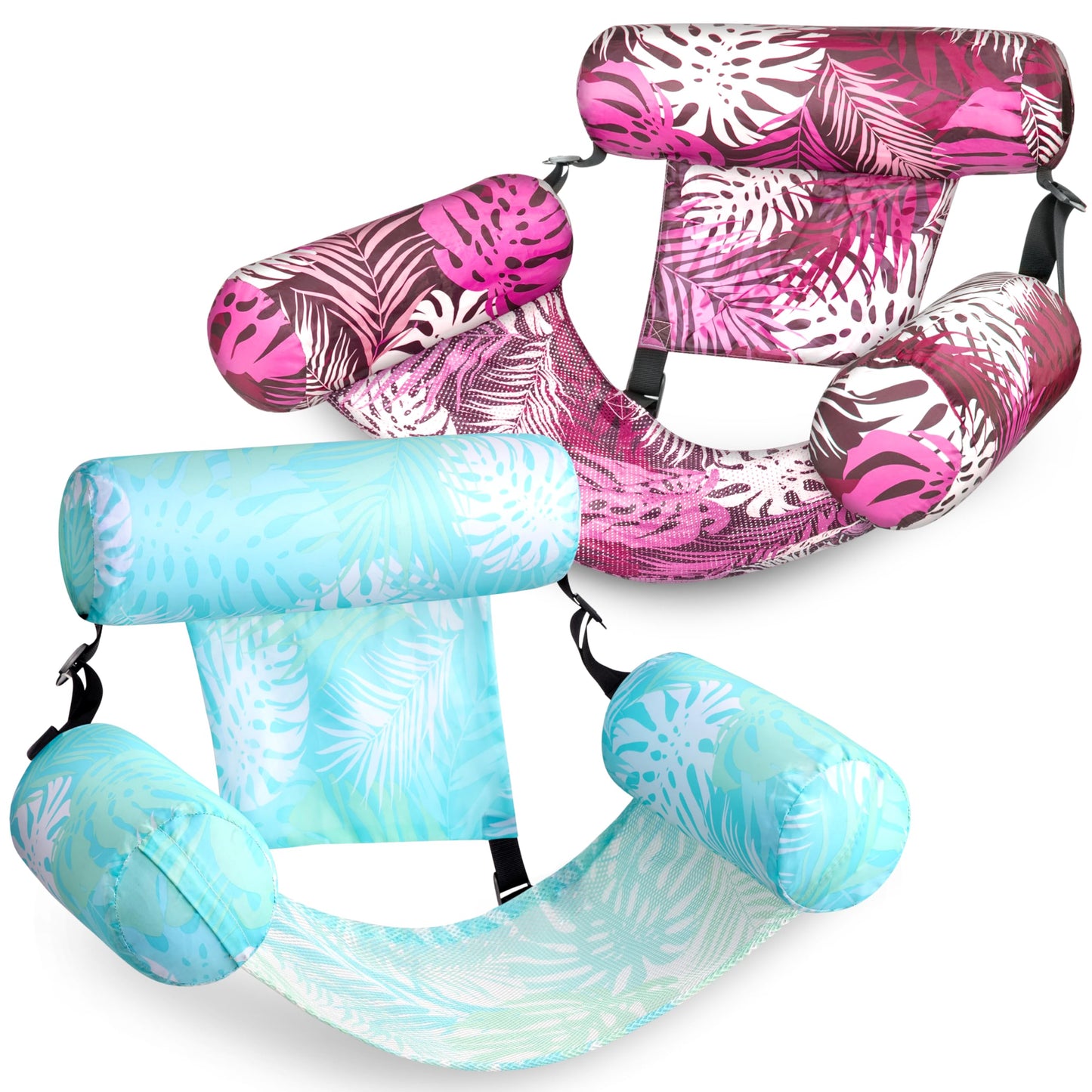 Sloosh Inflatable Pool Floats for Adults – 2-Pack Floating Lounge Chairs | Tropical Leaves Cyan & Pink