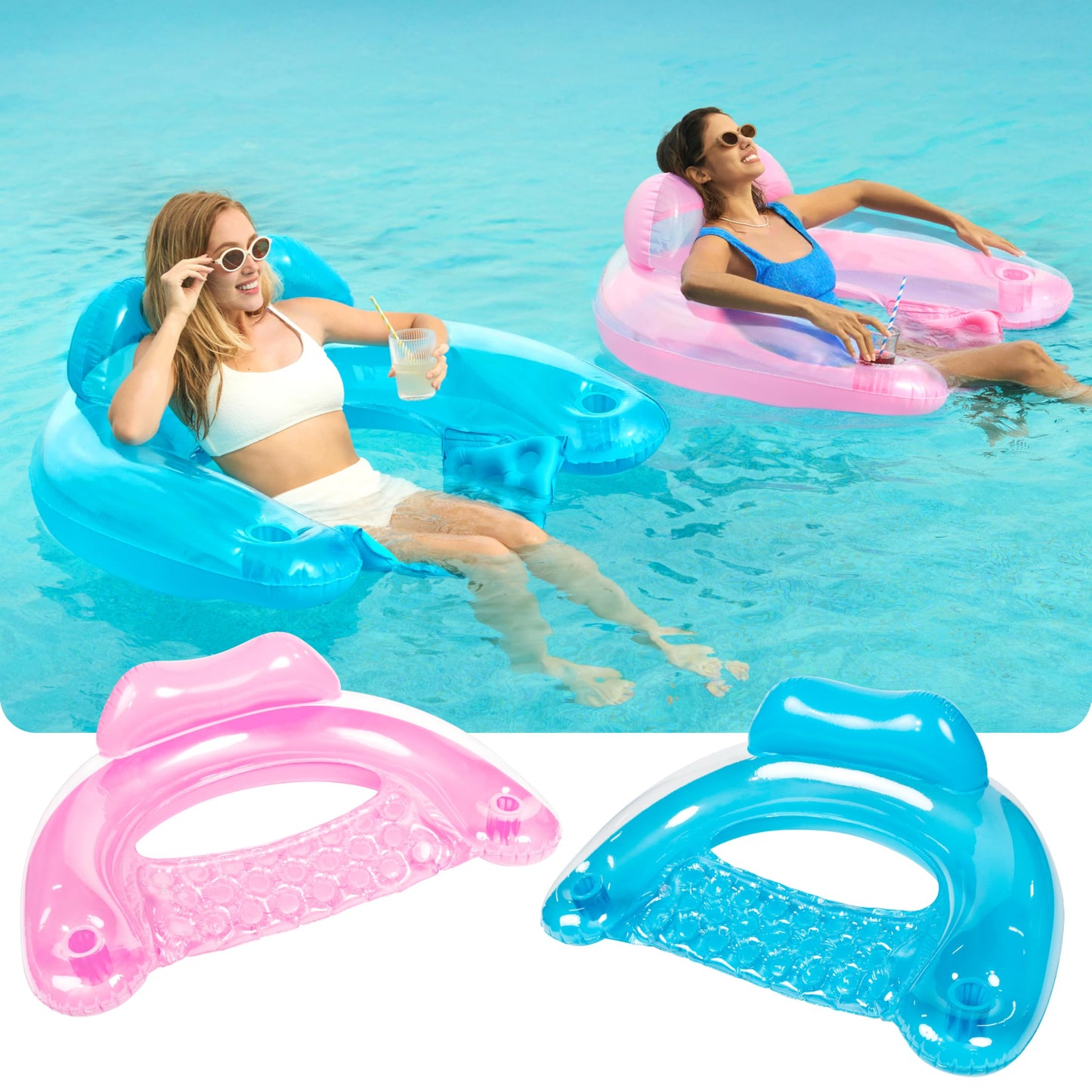 Sloosh Inflatable Pool Floats – 2 Pack Pool Chairs with Cup Holders (Blue & Pink)